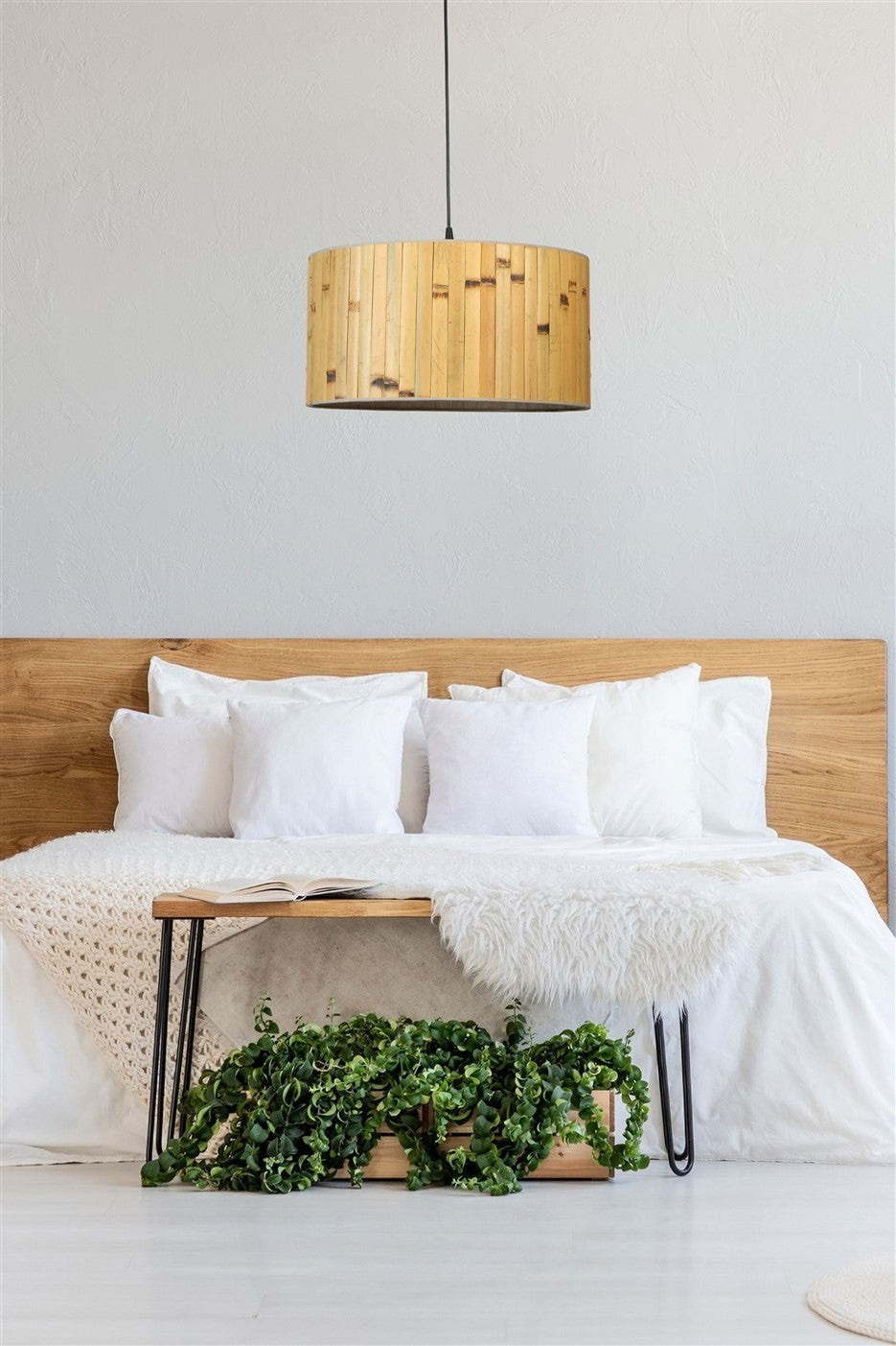 Candeeiro de Teto – 45 cm – Carvalho e Preto – Metal e Bambu