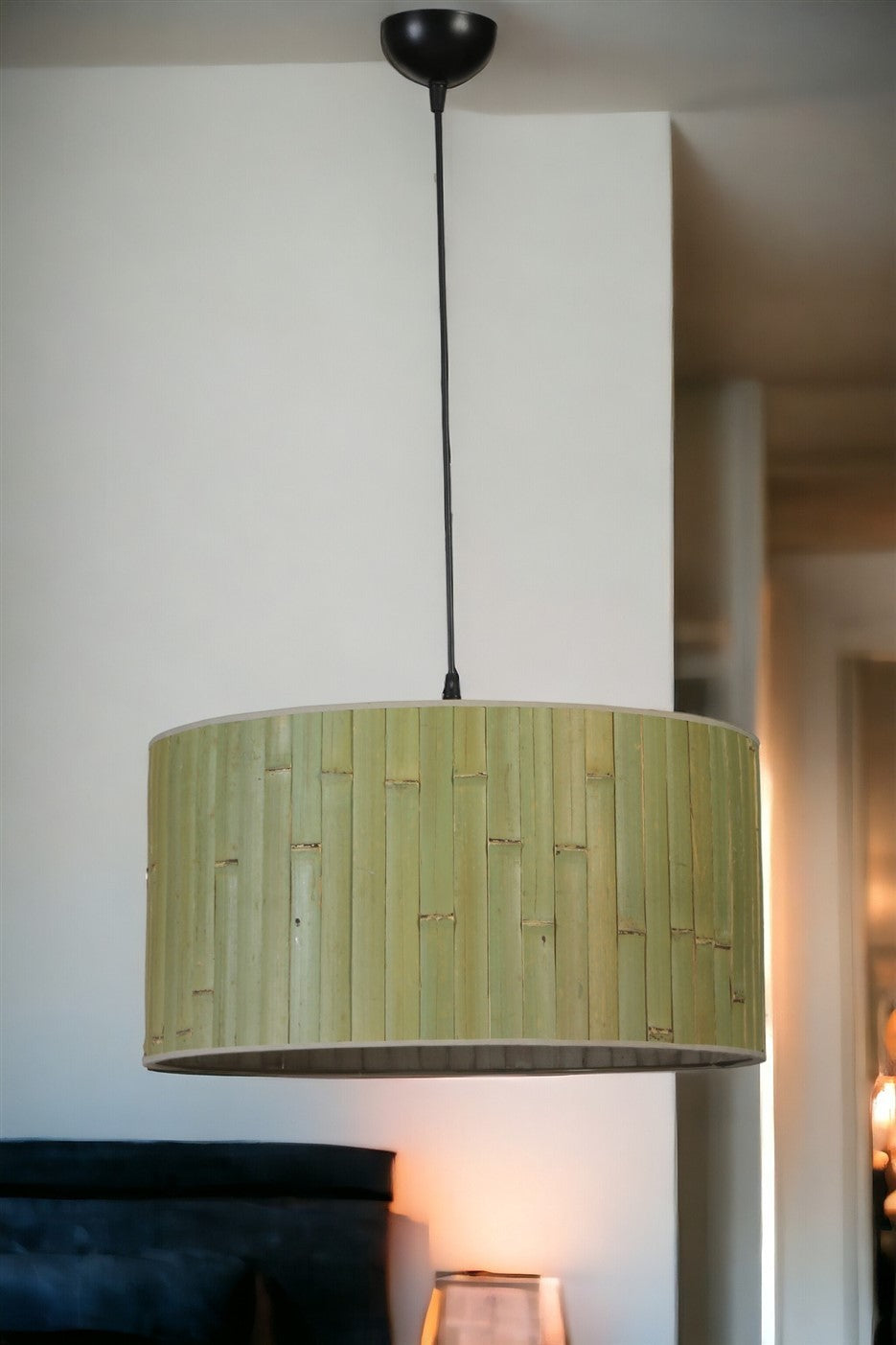 Candeeiro de Teto – 45 cm – Verde e Preto – Bambu e Metal