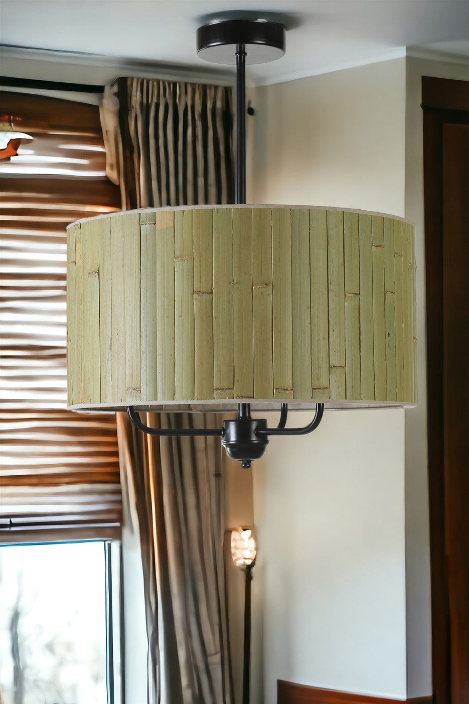 Candeeiro de Teto – 45 cm – Verde e Preto – Bambu e Metal