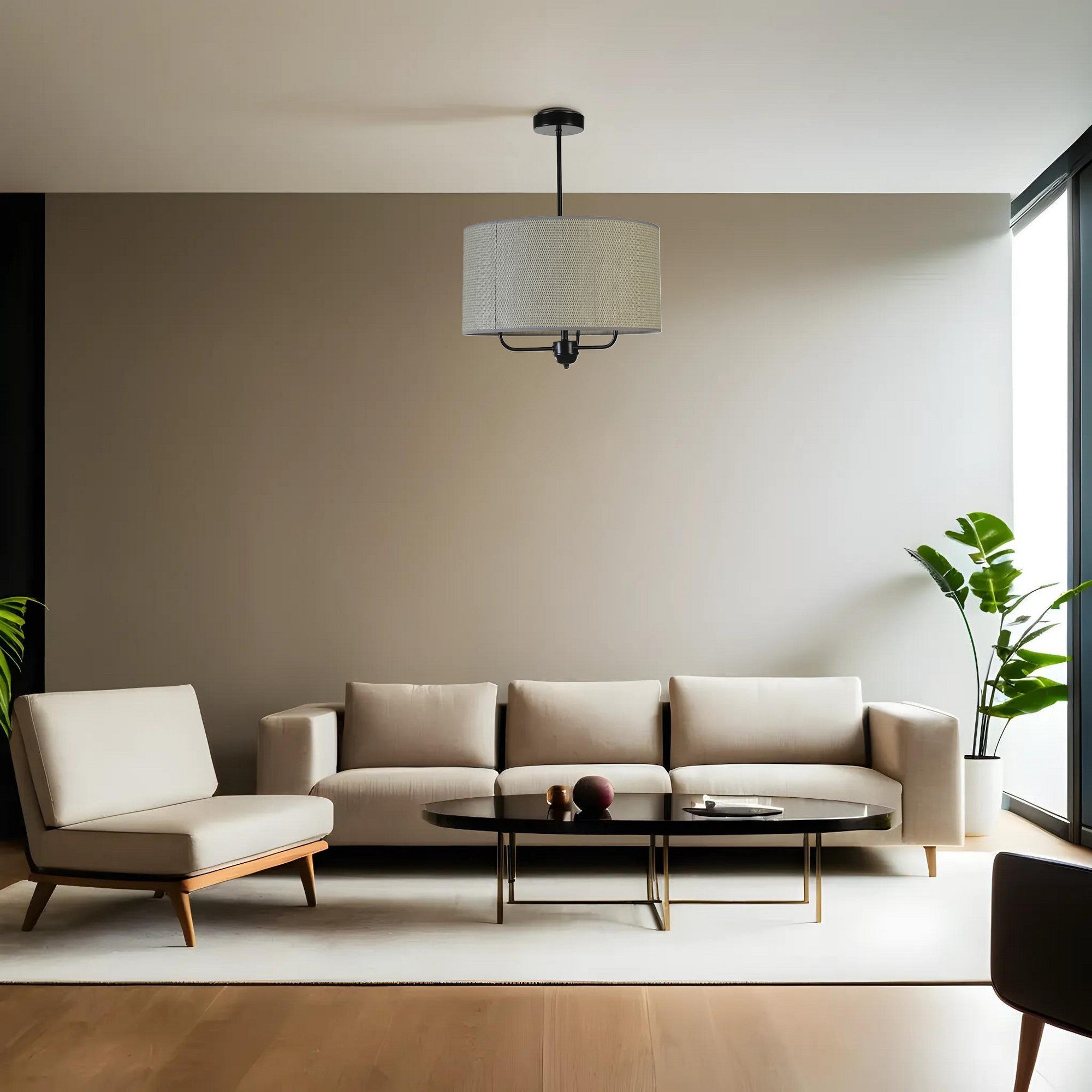 Candeeiro de Teto – 45 cm – Cinza e Preto – Metal e Bambu