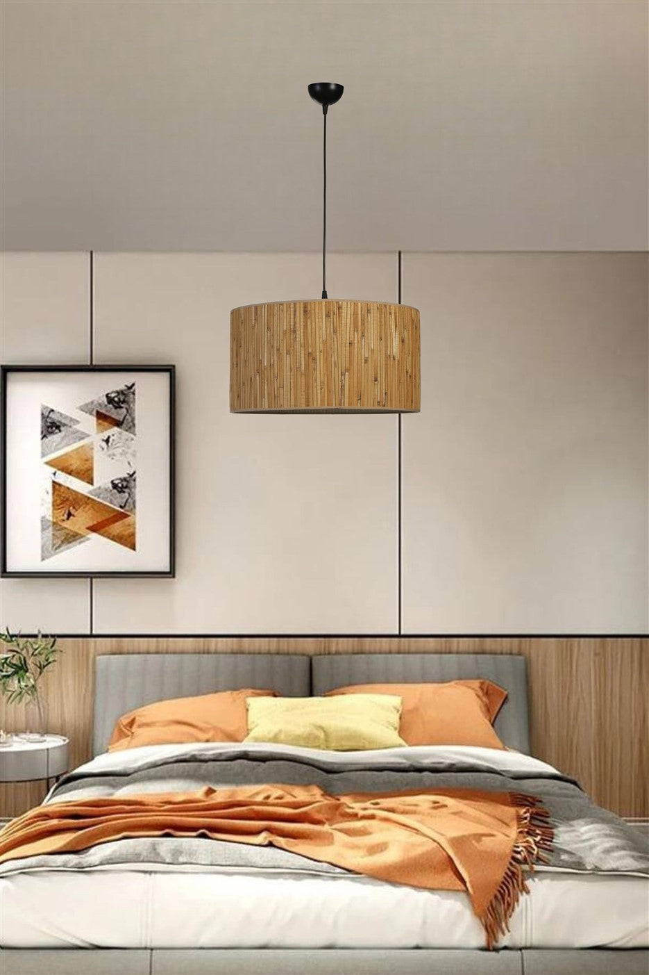 Candeeiro de Teto – 45 cm – Madeira e Preto – Metal e Bambu