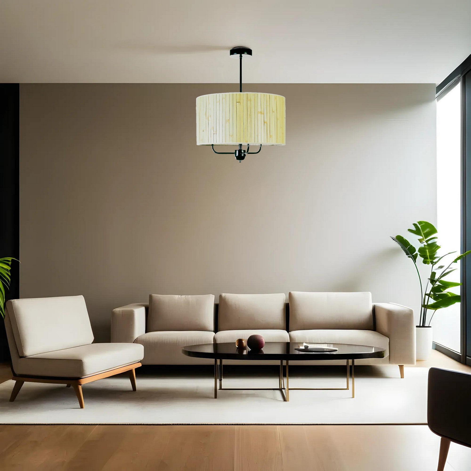 Candeeiro de Teto – 45 cm – Carvalho e Verde – Metal e Bambu