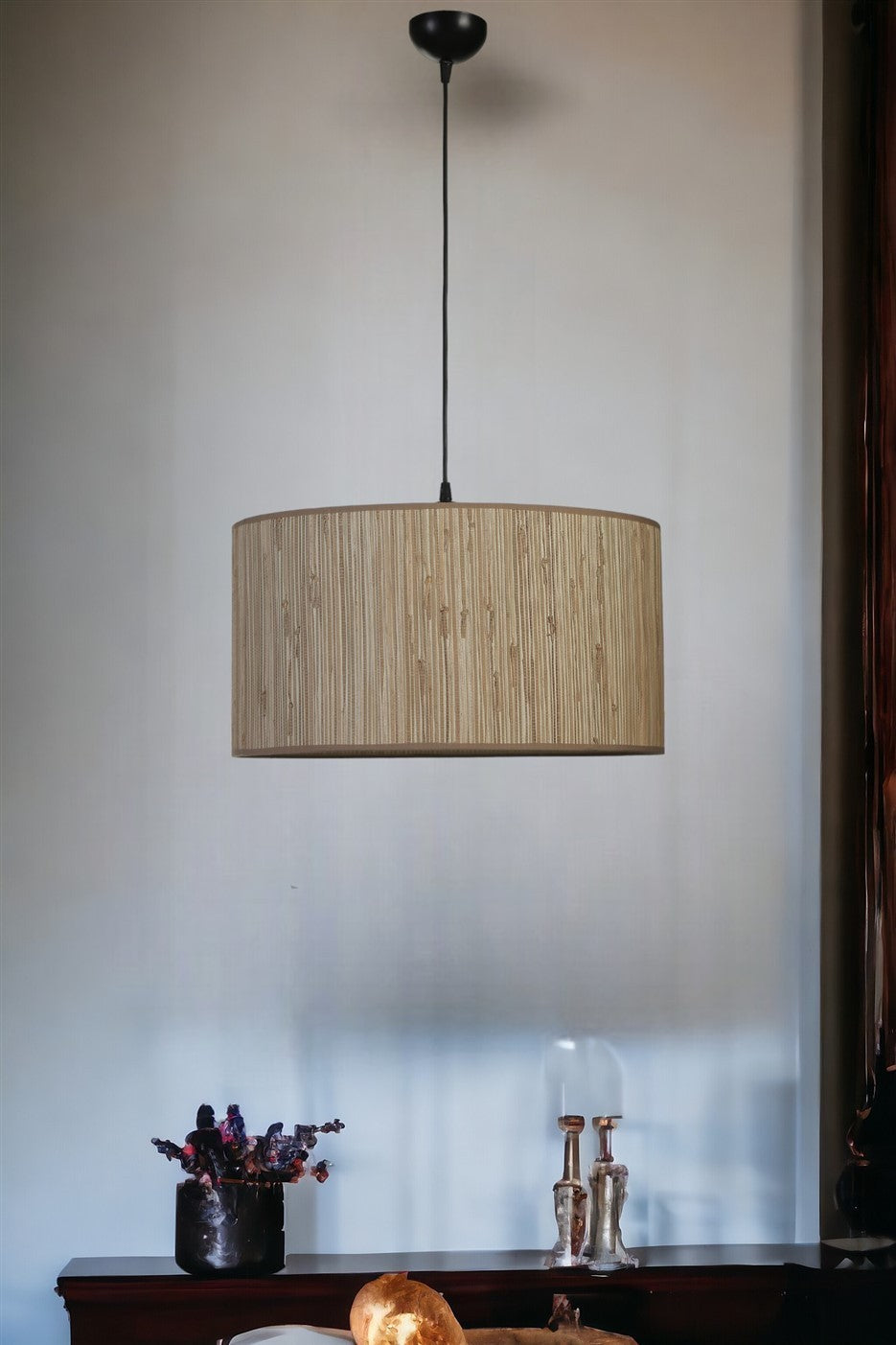 Candeeiro de Teto – 45 cm – Carvalho e Preto – Metal e Bambu