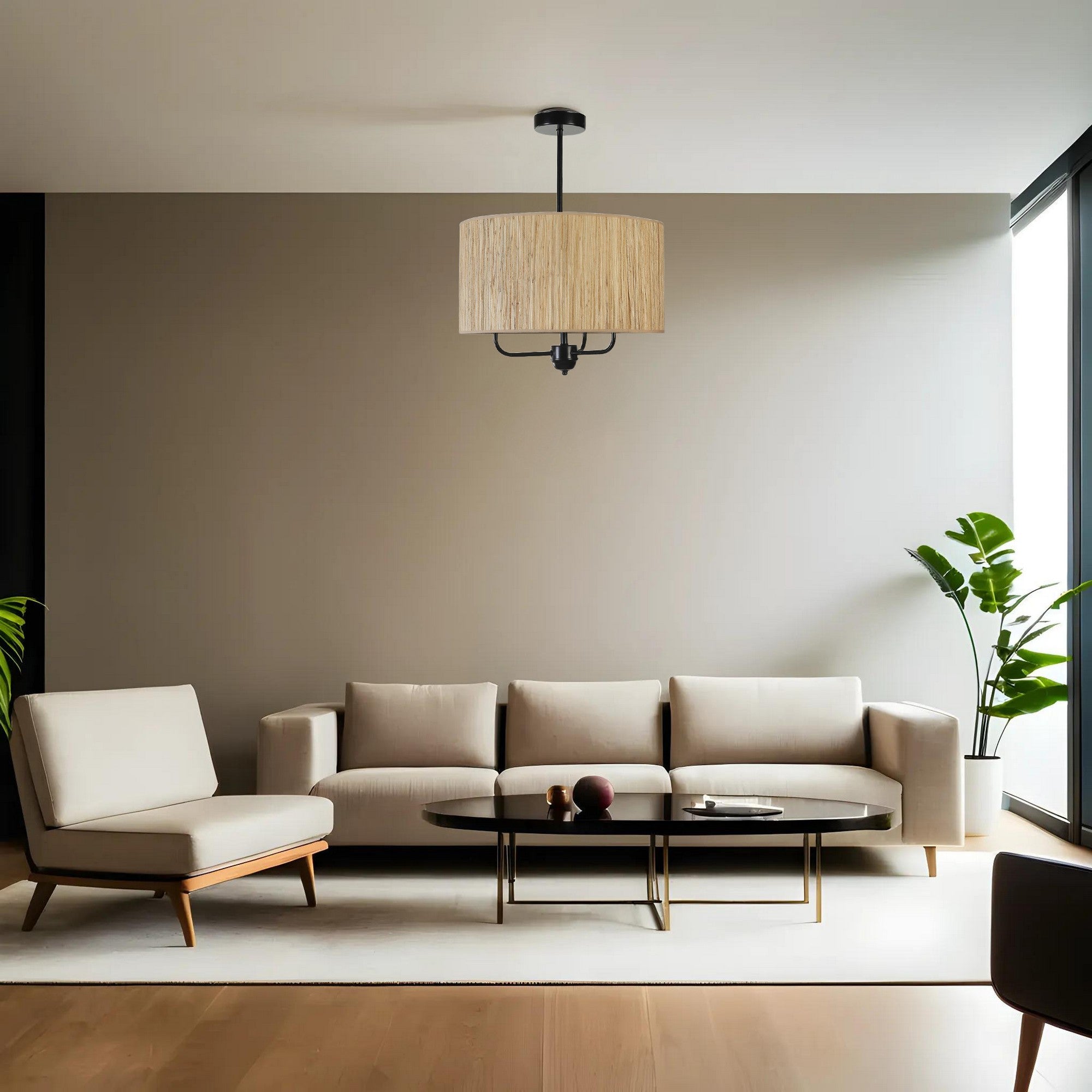 Candeeiro de Teto – 45 cm – Carvalho e Preto – Metal e Bambu