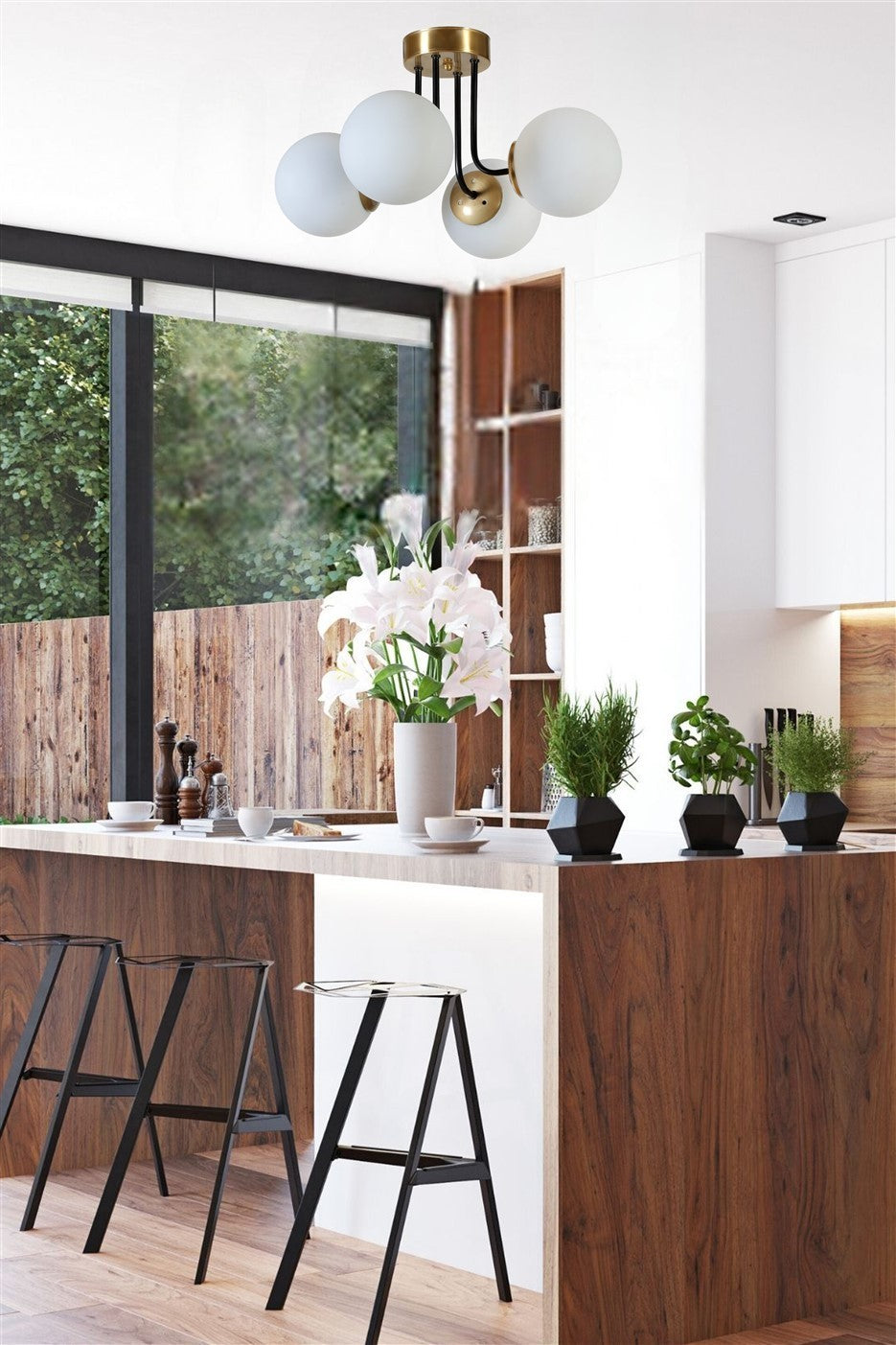 Candeeiro de Teto – 40 cm – Branco e Dourado – Metal e Vidro