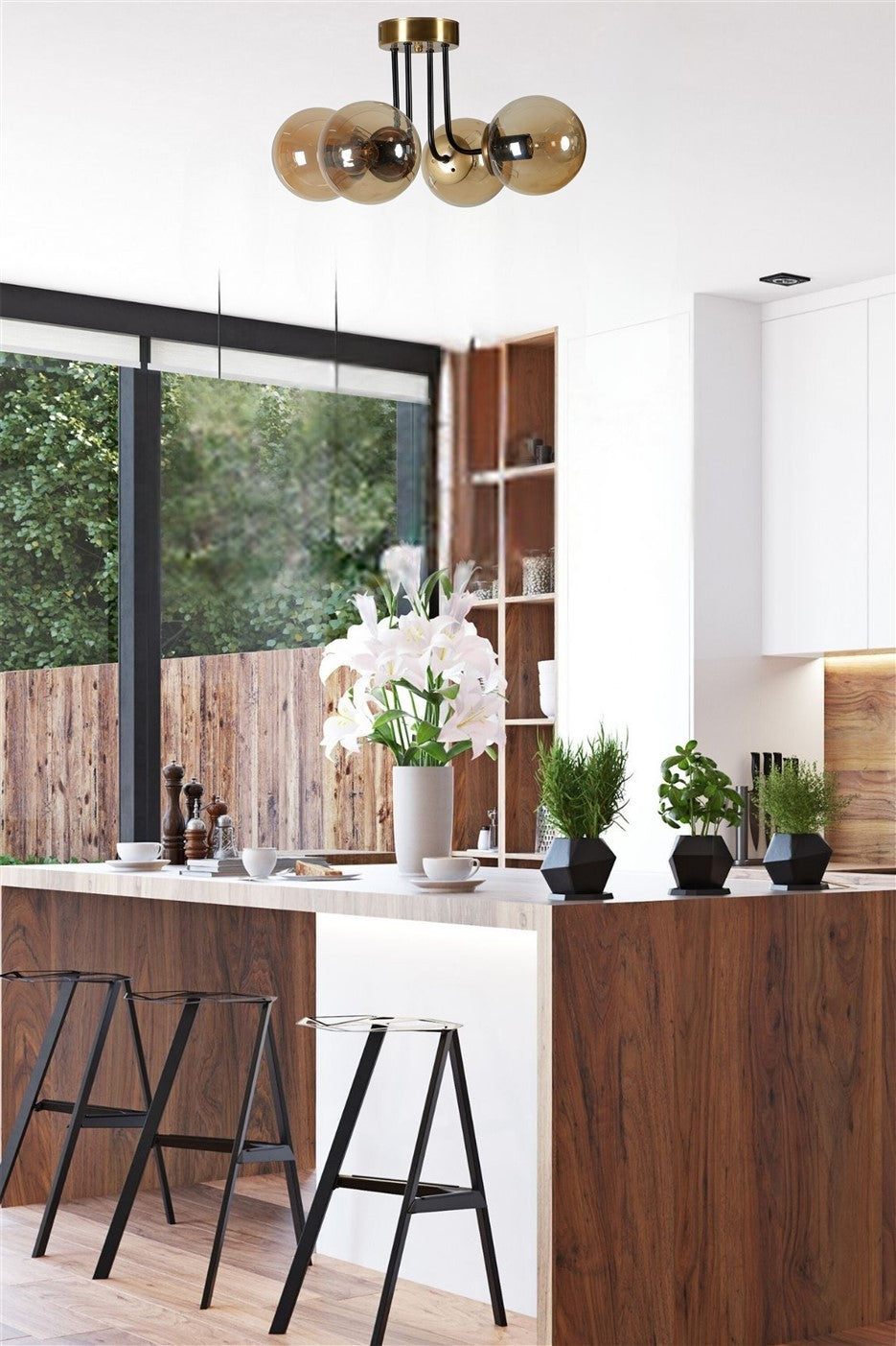 Candeeiro de Teto – 40 cm – Âmbar, Dourado, Preto – Metal e Vidro