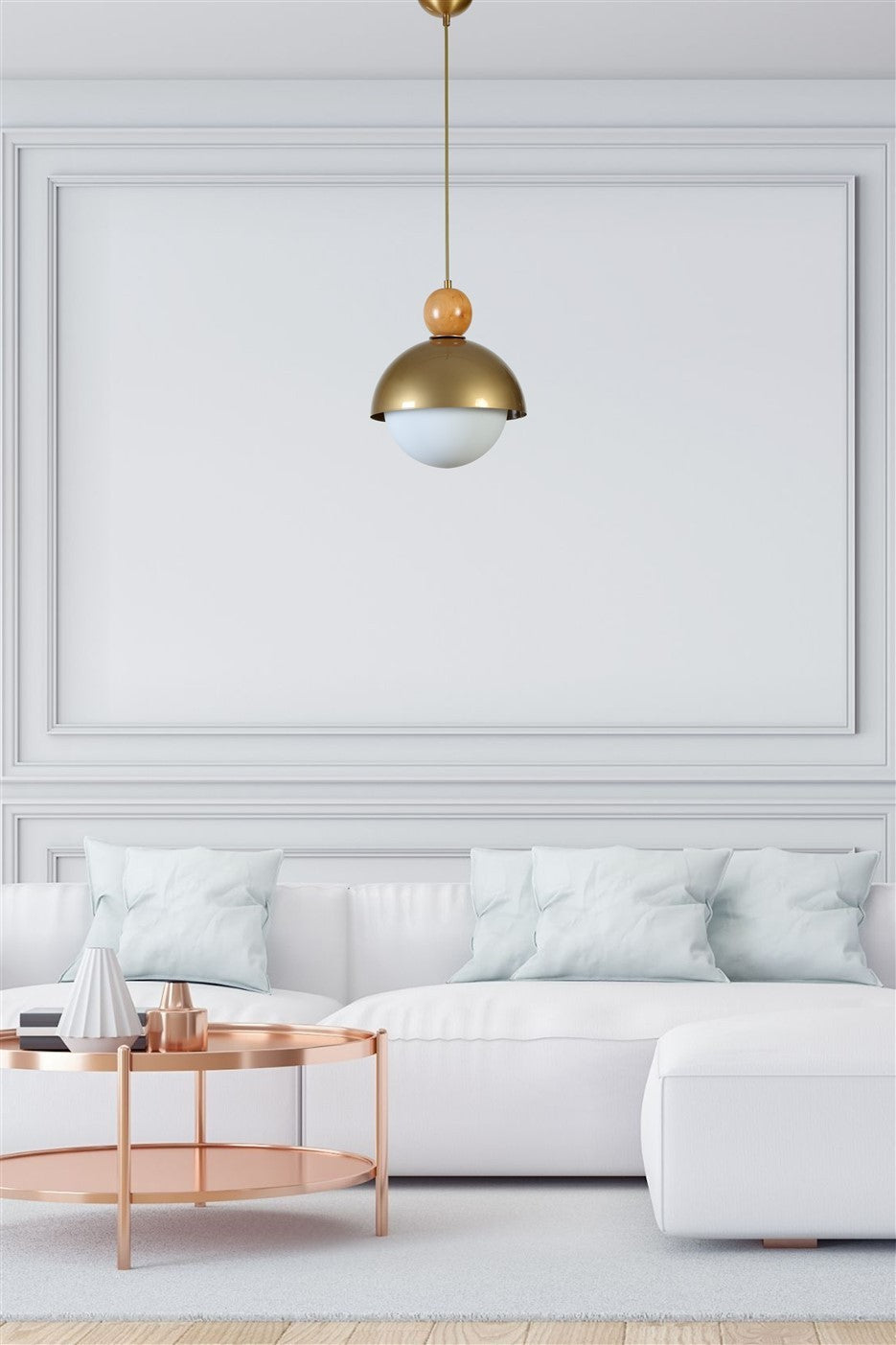 Candeeiro de Teto – 70 cm – Dourado e Branco – Metal