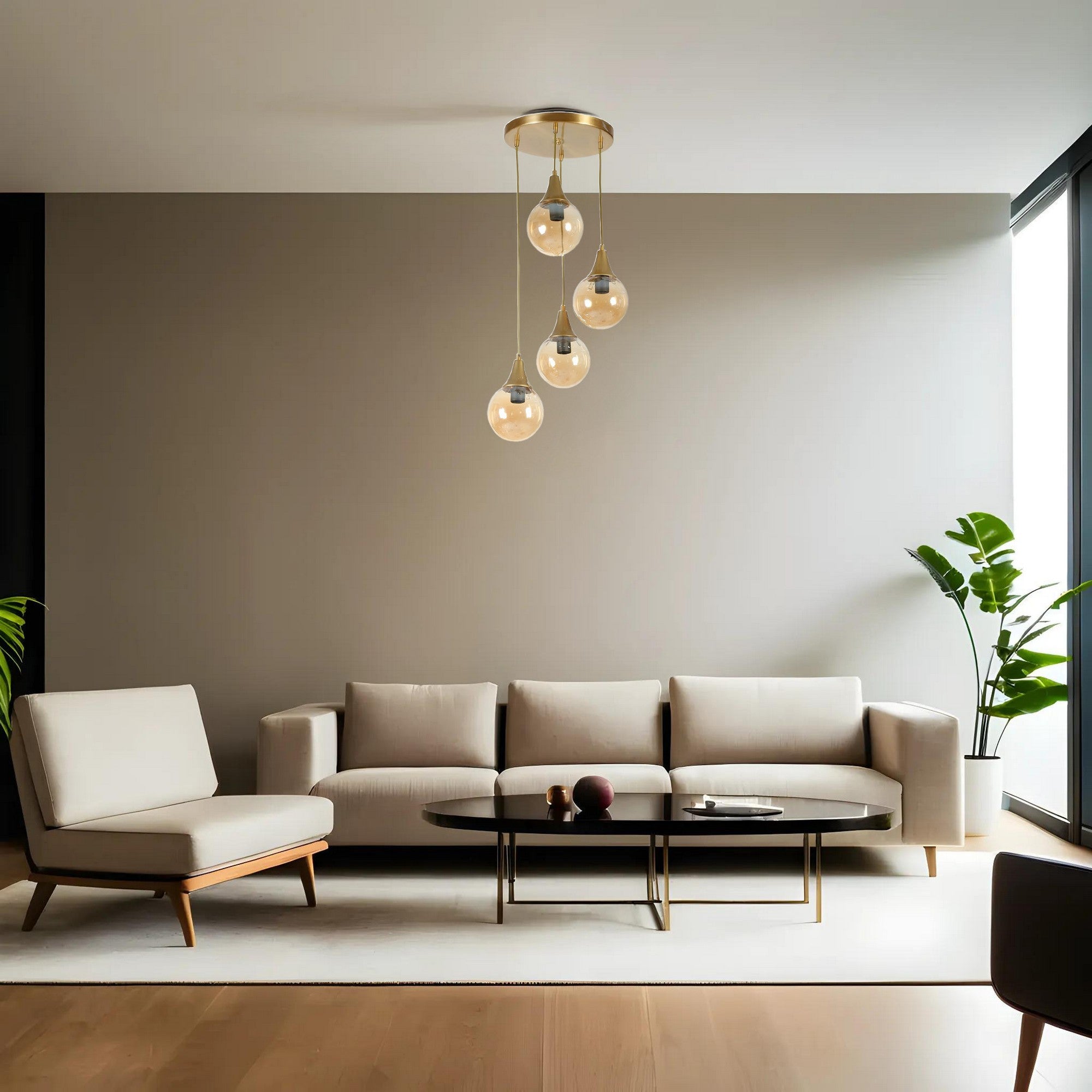 Candeeiro de Teto - 30 cm x 70 cm - Âmbar e Ouro - Metal e Vidro