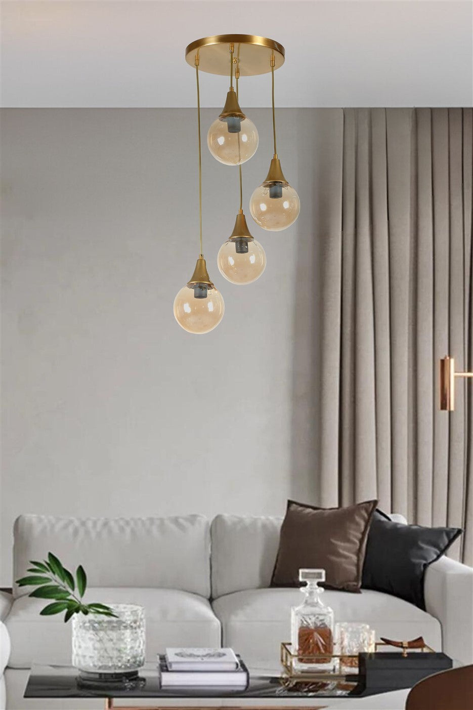 Candeeiro de Teto - 30 cm x 70 cm - Âmbar e Ouro - Metal e Vidro