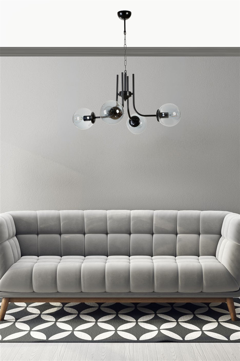 Candeeiro de Teto – 65 cm de diâmetro – Preto e Fumê – Metal e Vidro