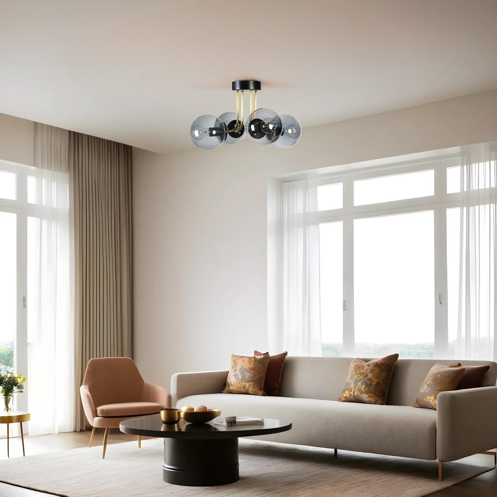 Candeeiro de Teto – 40 cm de diâmetro – Preto e Fumo – Metal e vidro