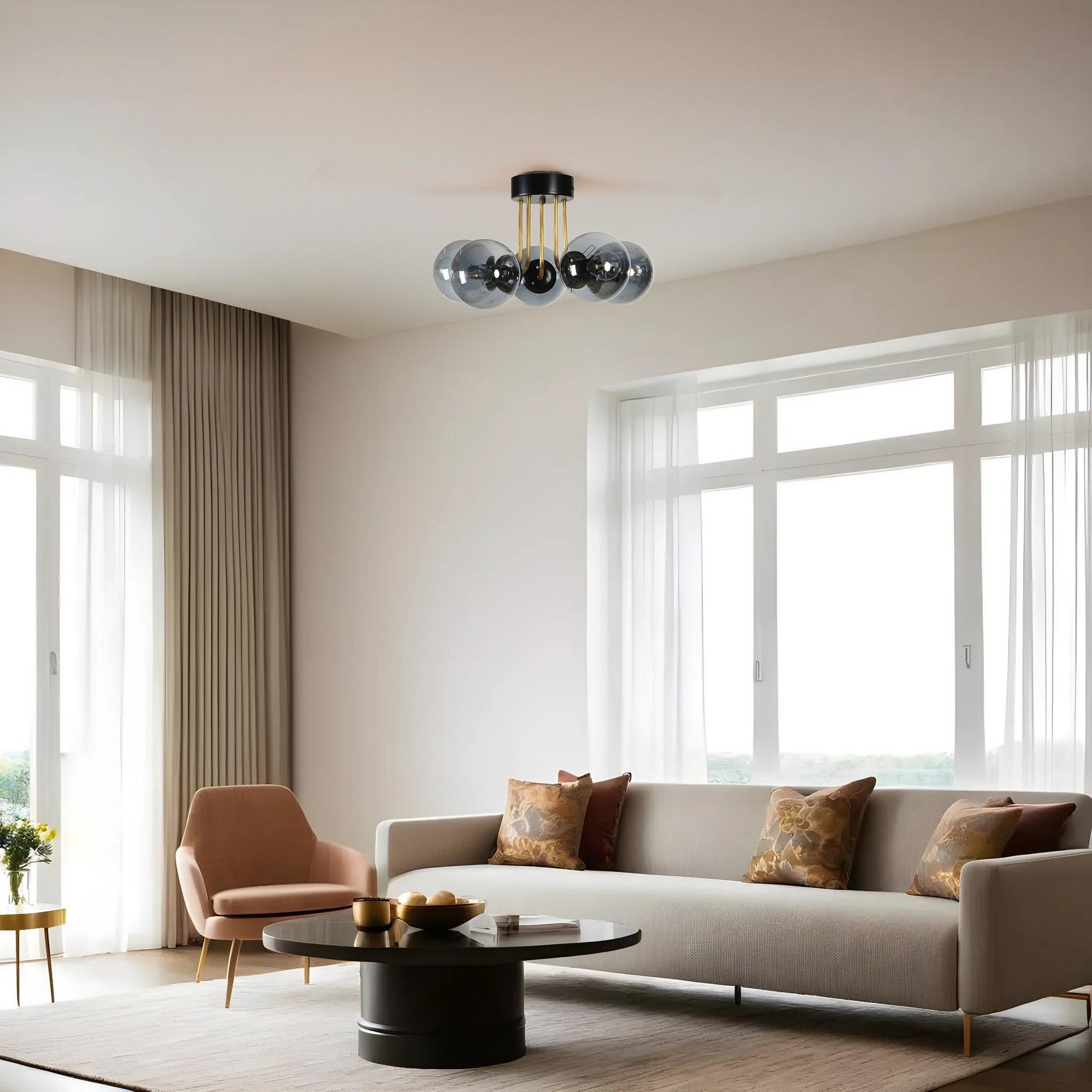 Candeeiro de Teto – 45 cm – Preto e Fumaça – Metal e Vidro