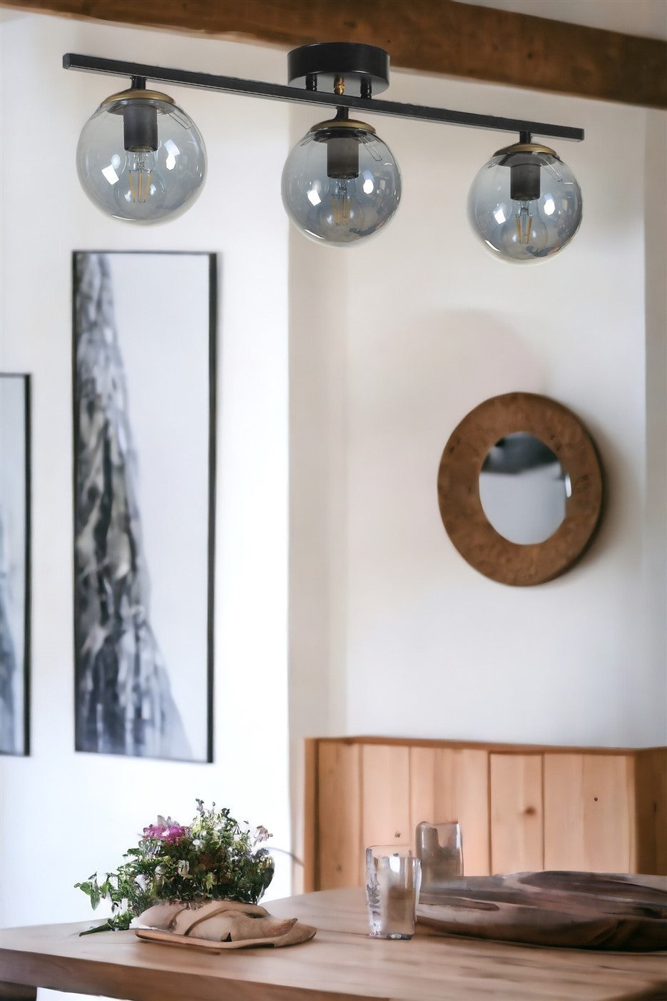 Candeeiro de Teto – 15 cm diâmetro – Preto e Fumê – Corpo metálico com tampa de vidro