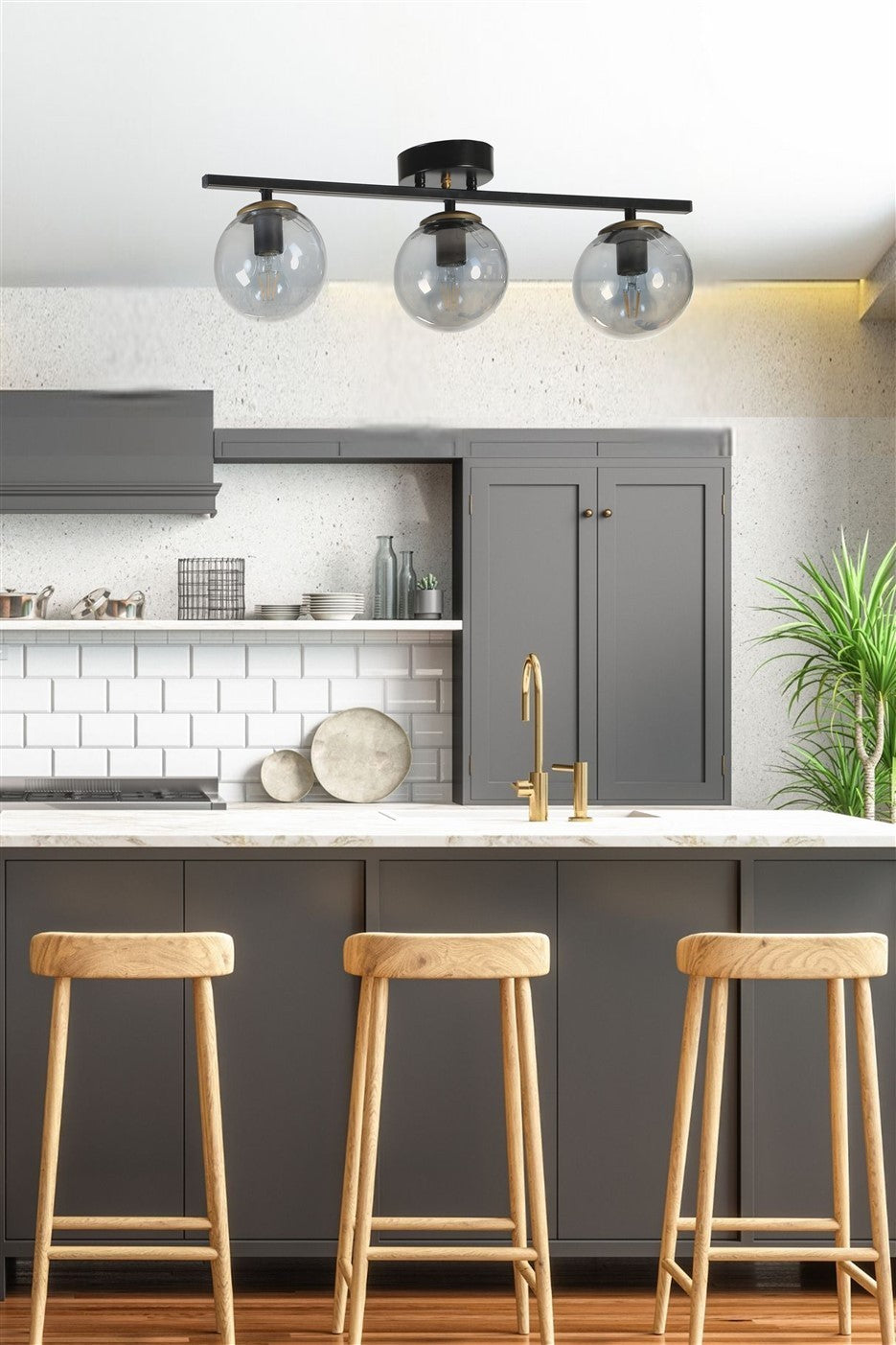 Candeeiro de Teto – 15 cm diâmetro – Preto e Fumê – Corpo metálico com tampa de vidro