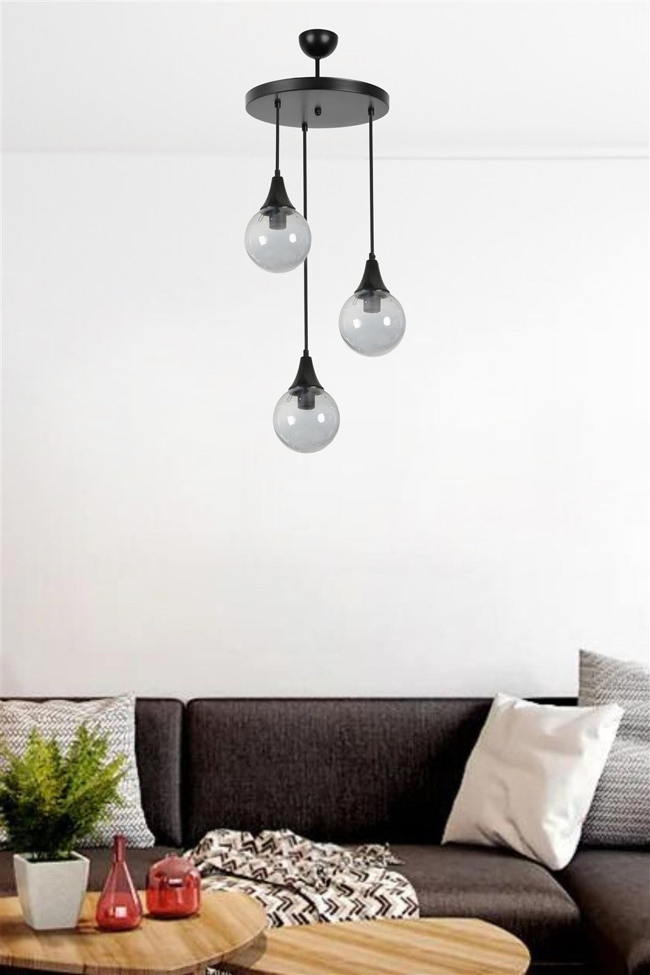 Candeeiro de Teto – 70 cm – Preto e Fumaça – Metal e Vidro