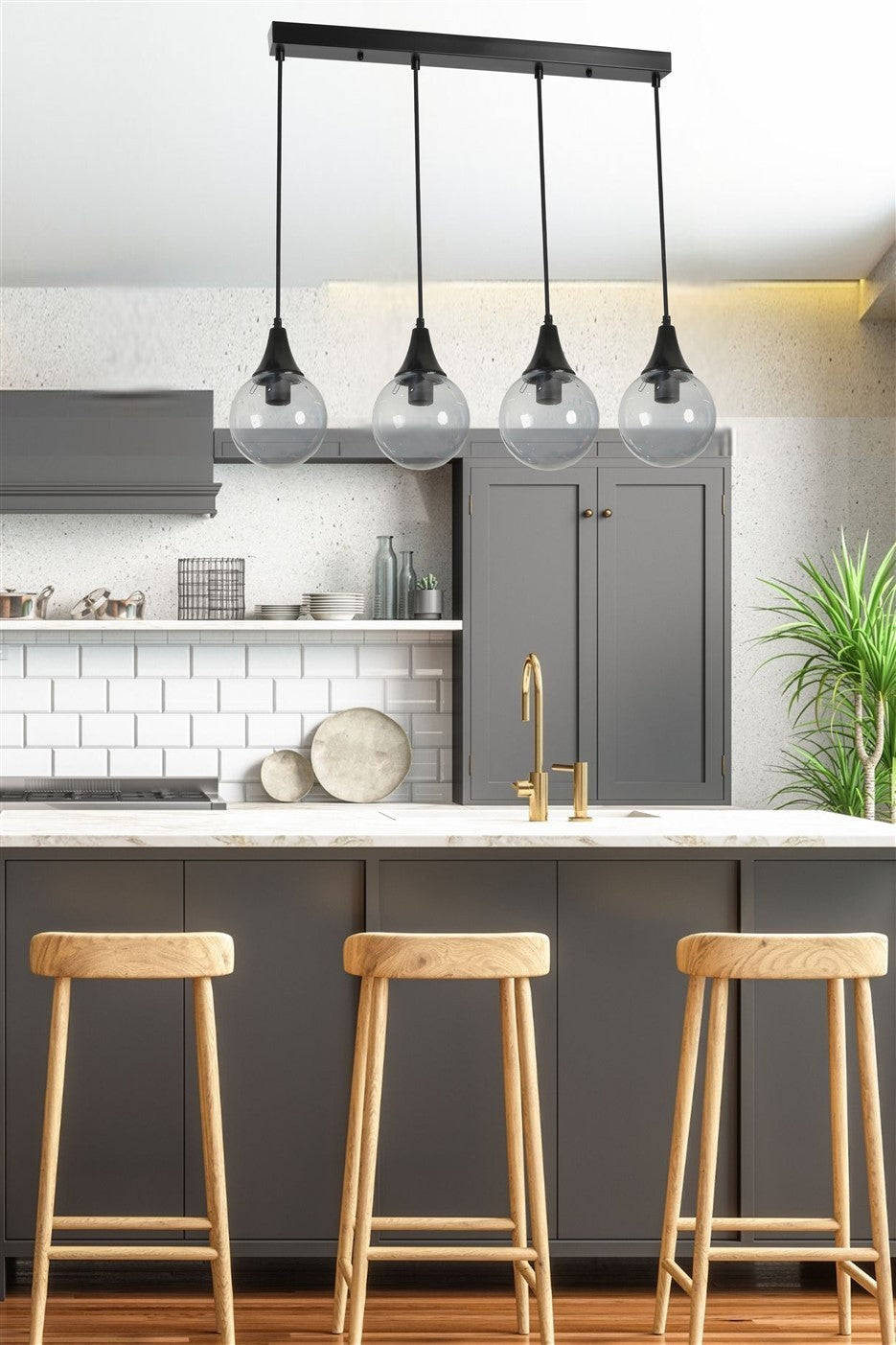 Candeeiro de Teto - 65 cm - Fumê e Preto - Metal e Vidro