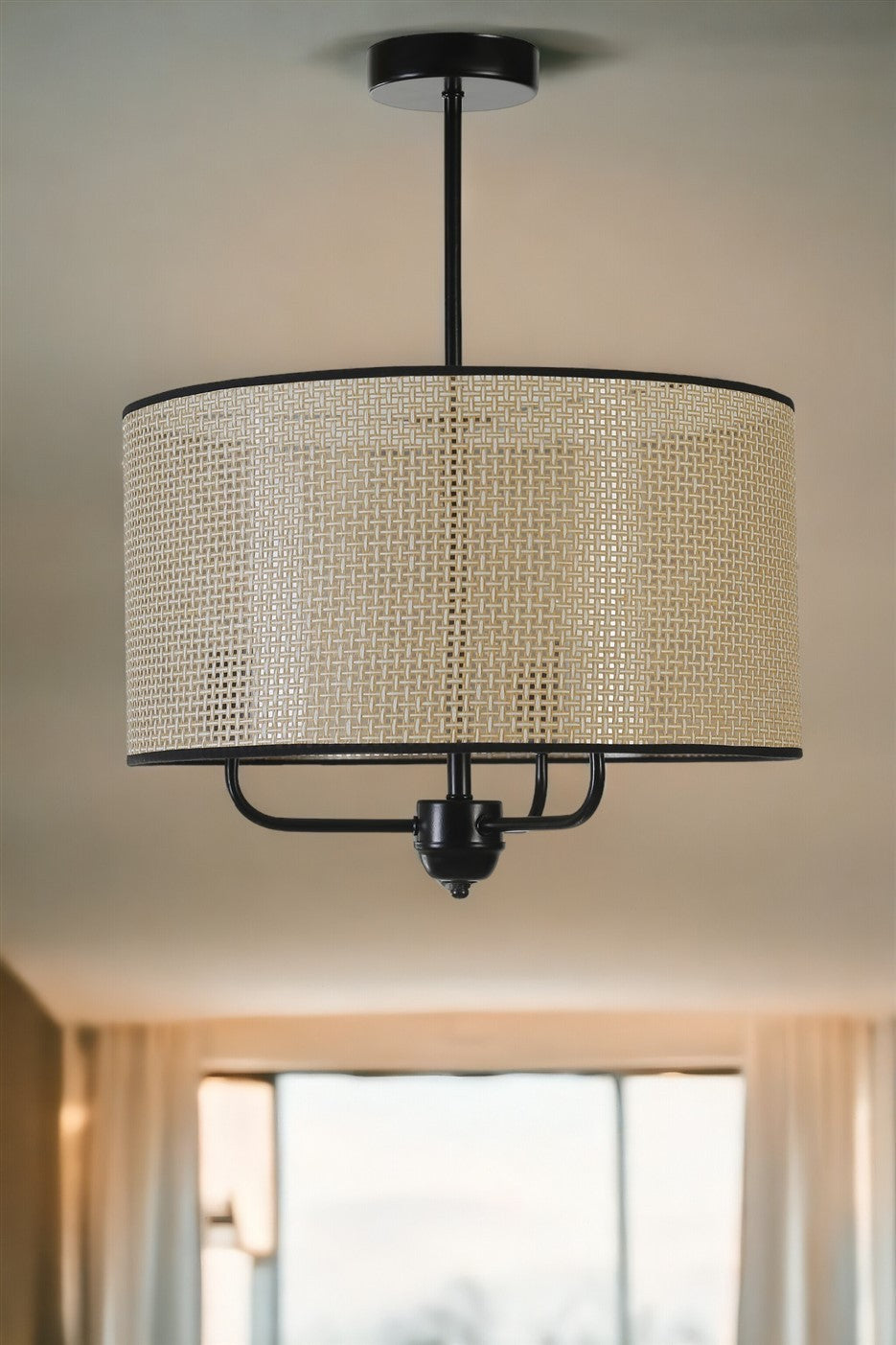 Candeeiro de Teto – 45 cm – Dourado e Preto – Metal e Bambu