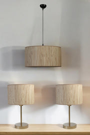Conjunto de Candeeiro e Abajur – Ø45 h:20 cm (Candelabro), Ø30 h:25 cm (Candeeiro de Mesa) – Creme – Metal e Tecido