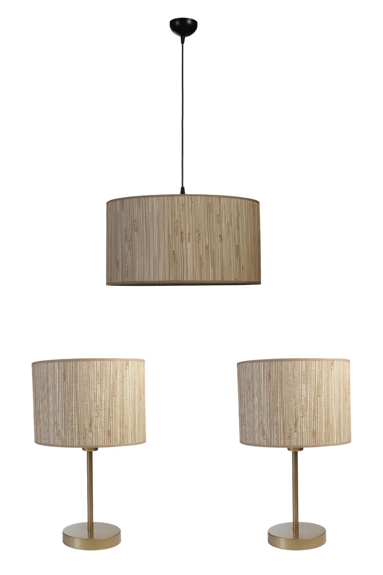 Conjunto de Candeeiro e Abajur – Ø45 h:20 cm (Candelabro), Ø30 h:25 cm (Candeeiro de Mesa) – Creme – Metal e Tecido