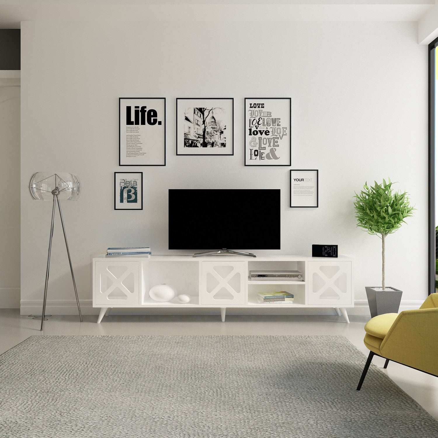 Suporte de TV moderno branco, 180 cm, 45,7 cm de altura, 29,5 cm de profundidade | Painel de partículas 100% revestido de melamina, 18 mm de espessura | Montável na parede com várias prateleiras