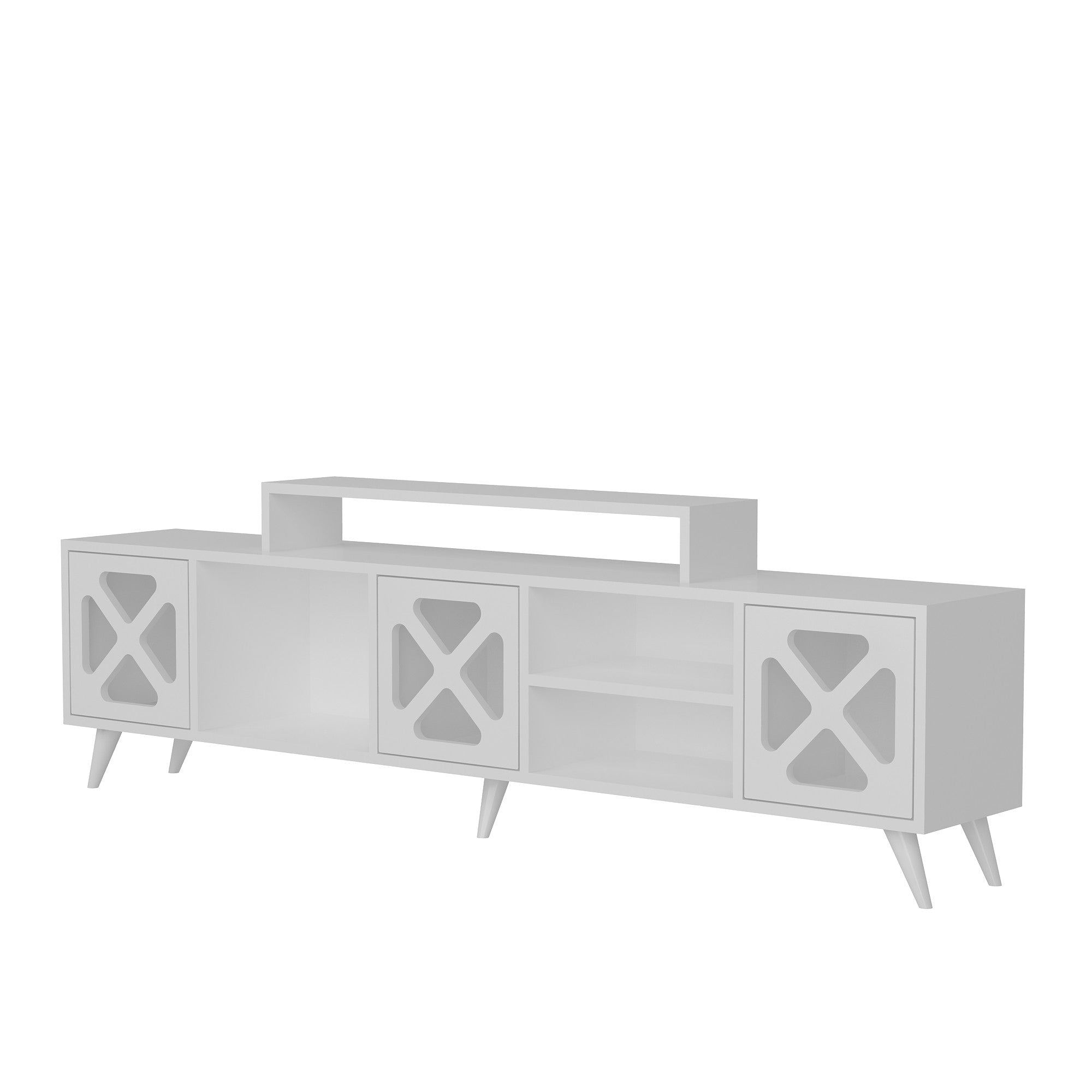 Suporte de TV moderno branco, 180 cm, 45,7 cm de altura, 29,5 cm de profundidade | Painel de partículas 100% revestido de melamina, 18 mm de espessura | Montável na parede com várias prateleiras
