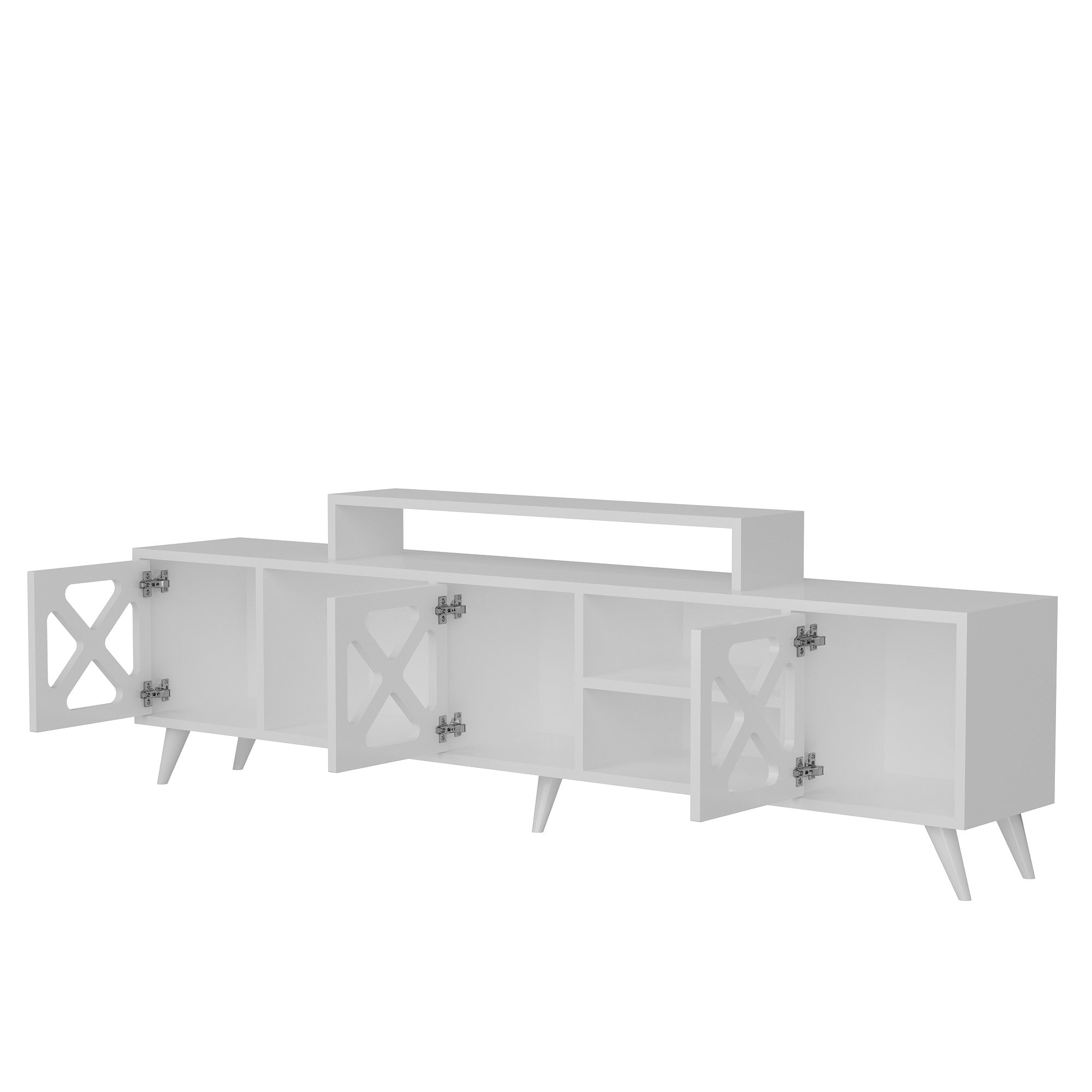 Suporte de TV moderno branco, 180 cm, 45,7 cm de altura, 29,5 cm de profundidade | Painel de partículas 100% revestido de melamina, 18 mm de espessura | Montável na parede com várias prateleiras