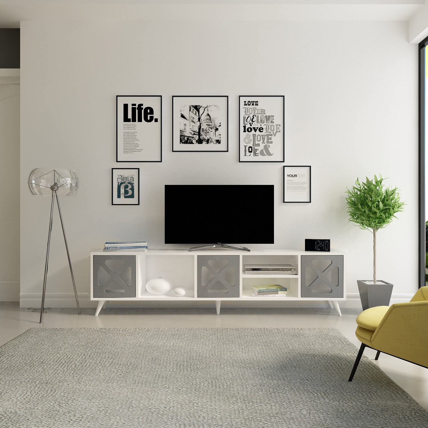 Suporte de TV moderno com opção de montagem na parede, branco e antracite, 180 cm x 45,7 cm x 29,5 cm | 100% revestido em melamina, 18 mm de espessura, design elegante e funcional