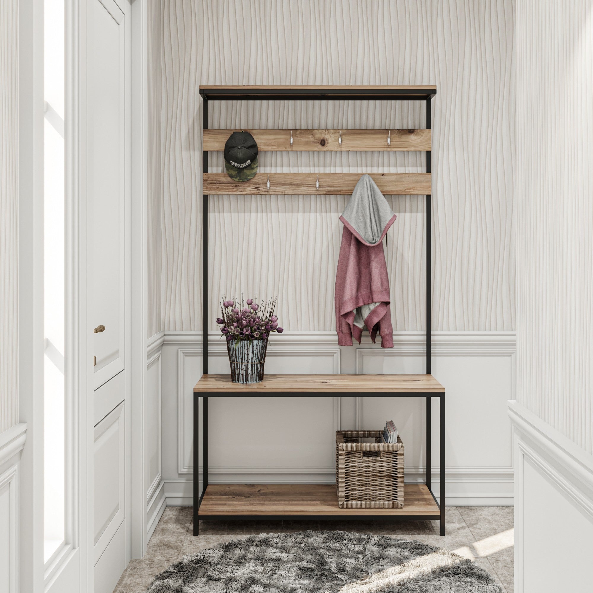 Suporte industrial para salão com cabideiro suspenso, preto e pinho, 105 x 192 x 40 cm | Painel de partículas 100% revestido com melamina, 18 mm de espessura, para montagem na parede
