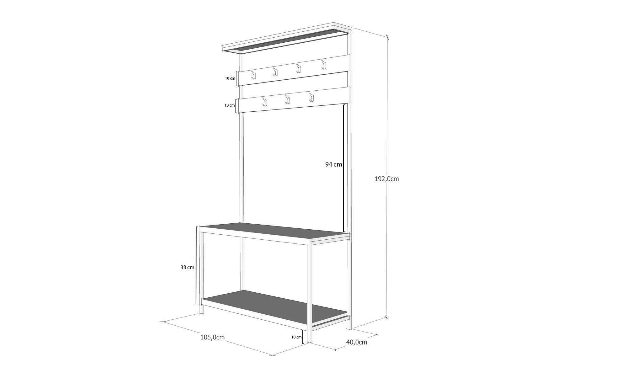 Suporte industrial para salão com cabideiro suspenso, preto e pinho, 105 x 192 x 40 cm | Painel de partículas 100% revestido com melamina, 18 mm de espessura, para montagem na parede