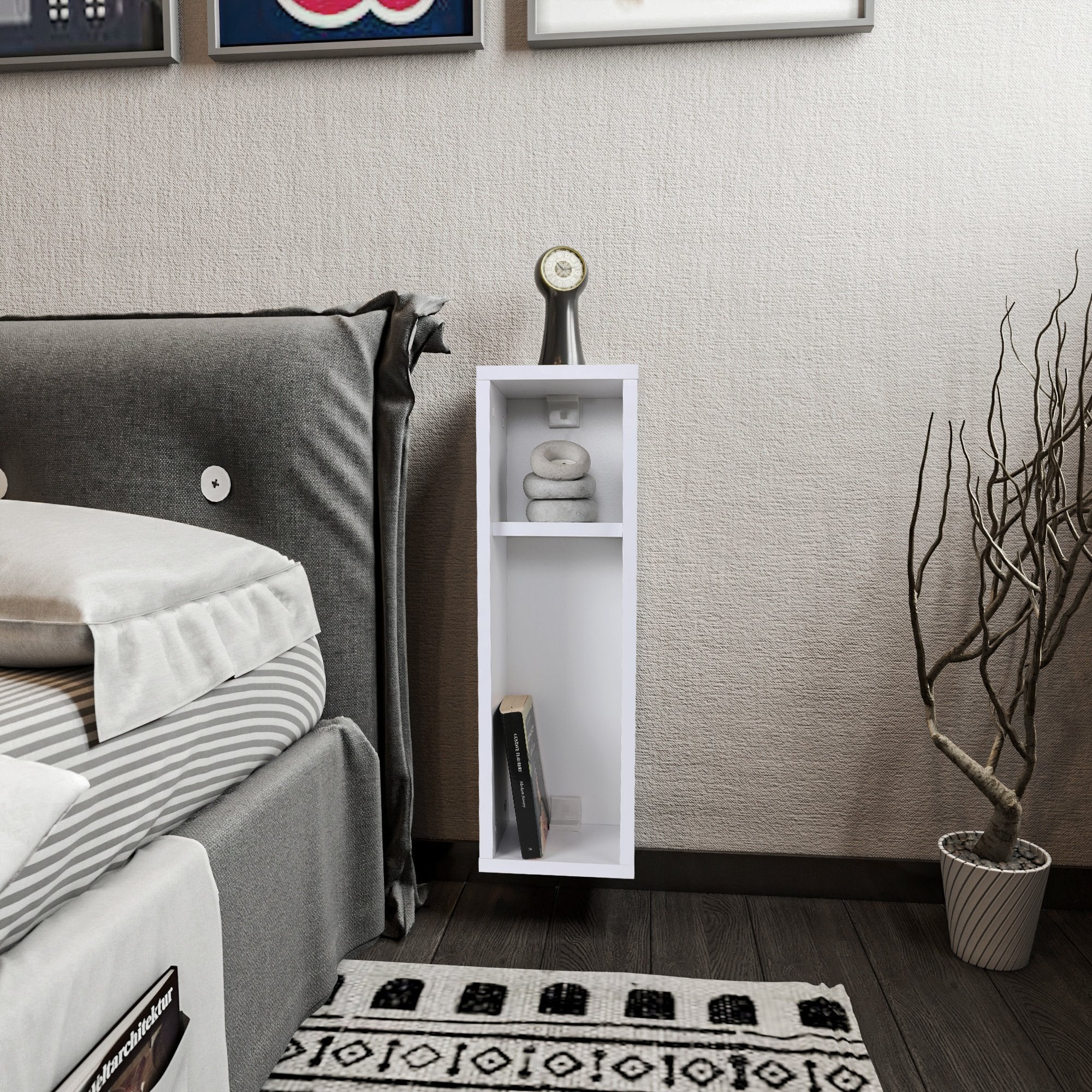 Mesa de Cabeceira Escandinava Branca, 100% Aglomerado Revestido em Melamina, 65 x 20 x 15 cm | Montável na Parede, Design Elegante para Quartos e Hotéis Modernos