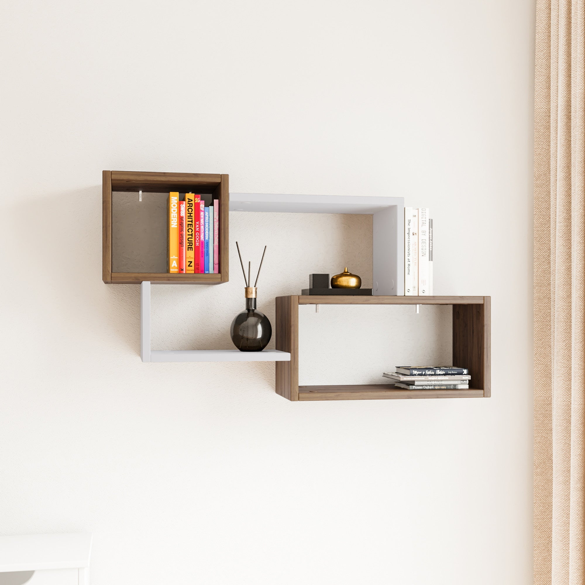 Prateleira de parede escandinava, nogueira e branca, 90 x 51 x 20 cm | Painel de partículas 100% revestido de melamina, 18 mm de espessura | Solução de armazenamento elegante e funcional