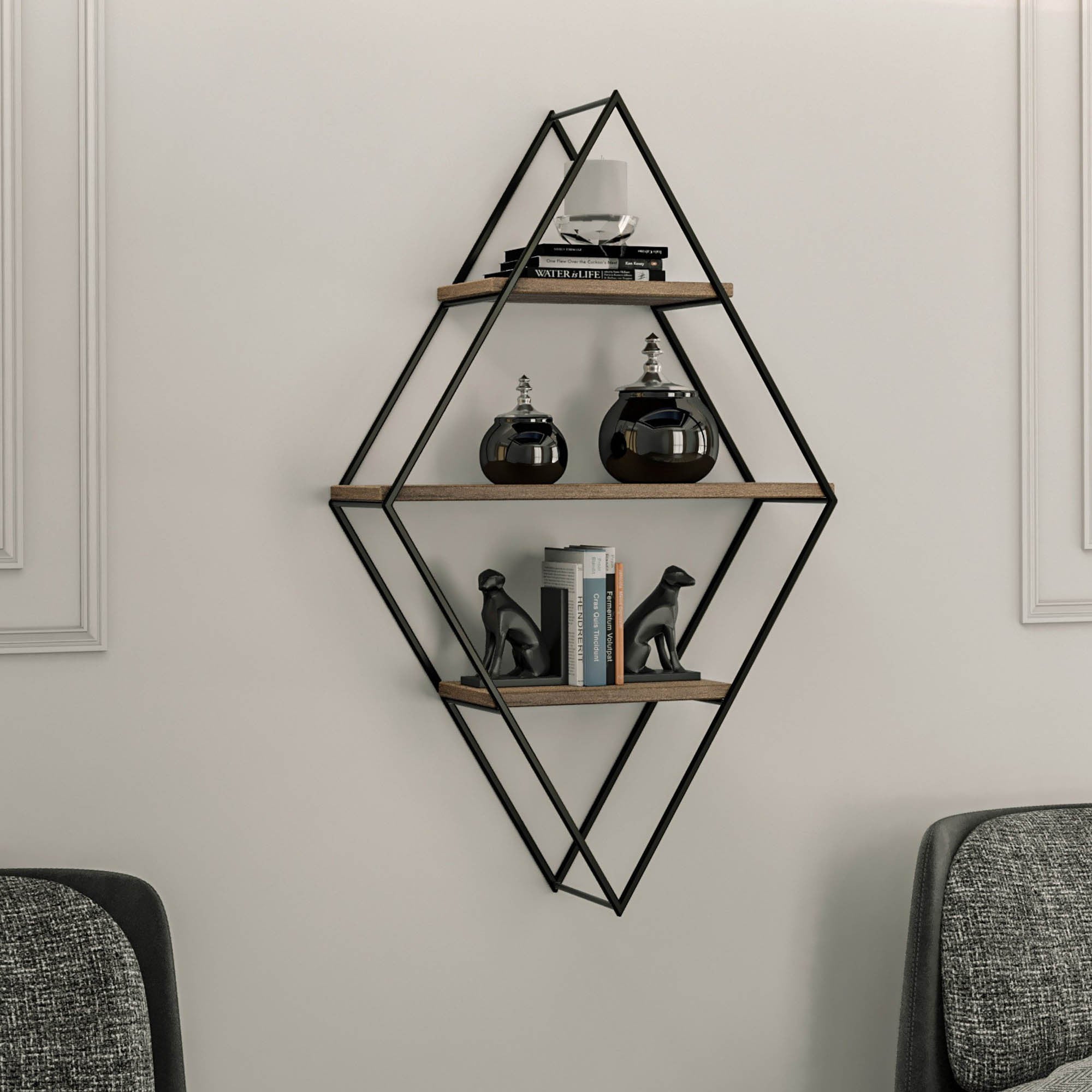 Prateleira de parede industrial, preta e nogueira, 60 x 100 x 21 cm | Painel de partículas 100% revestido de melamina e estrutura de metal | 18 mm de espessura, várias prateleiras, montável na parede