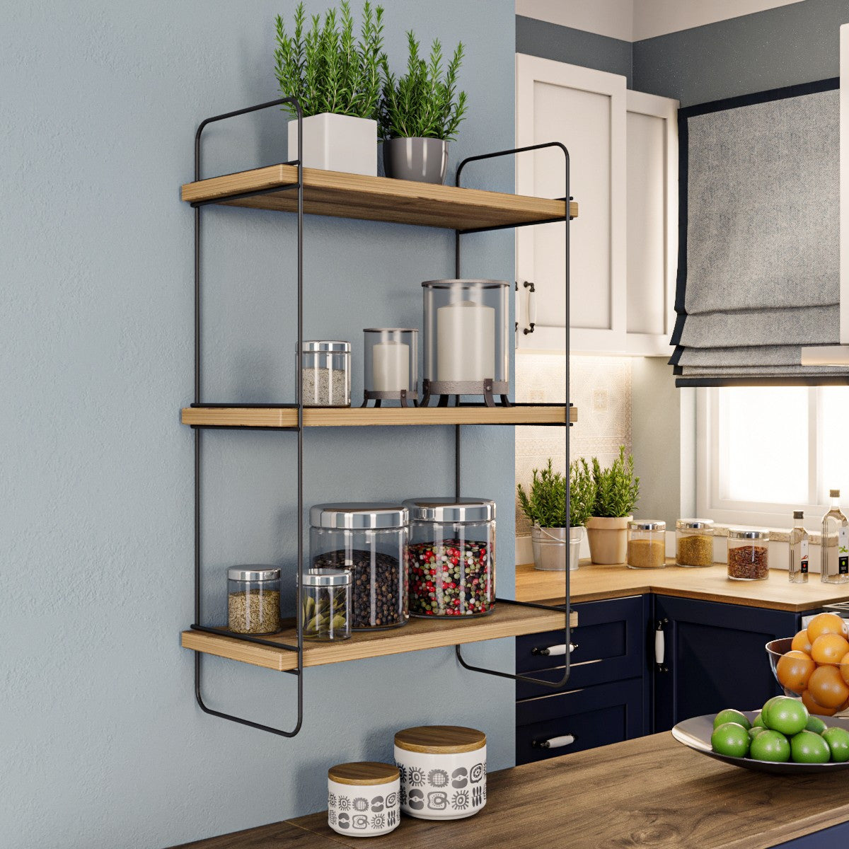 Prateleira de parede industrial, pinho atlântico, 40 x 66 x 20 cm | Painel de partículas 100% revestido de melamina, 18 mm de espessura, estrutura de metal | Solução de armazenamento versátil e elegante