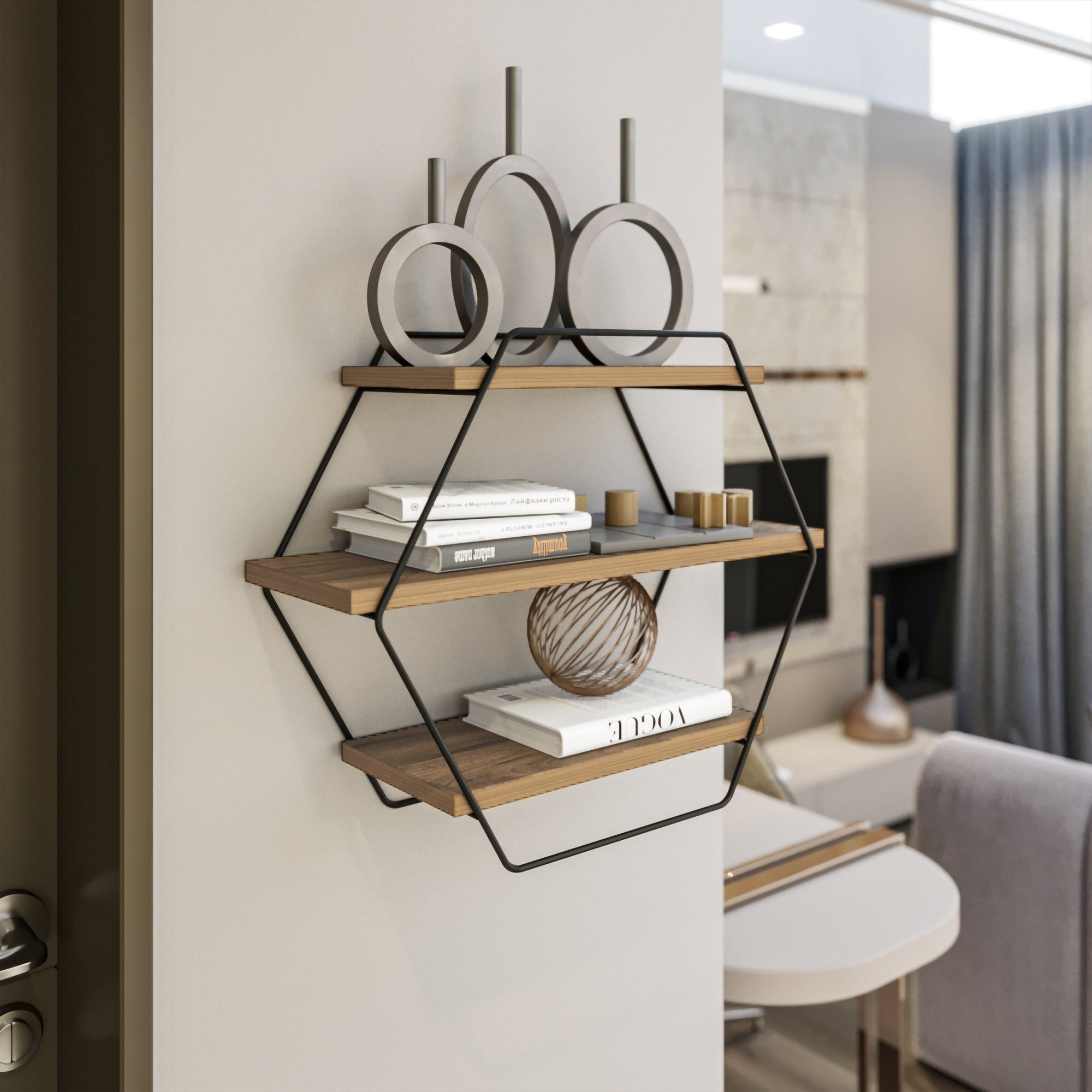 Prateleira de parede moderna, pinho atlântico, 60 x 52 x 20 cm | Painel de partículas 100% revestido de melamina e estrutura de metal | Solução de armazenamento elegante e funcional para casa e escritório