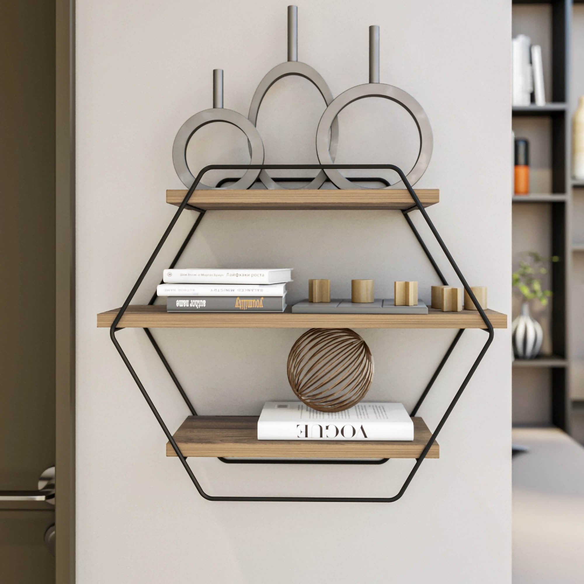 Prateleira de parede moderna, pinho atlântico, 60 x 52 x 20 cm | Painel de partículas 100% revestido de melamina e estrutura de metal | Solução de armazenamento elegante e funcional para casa e escritório