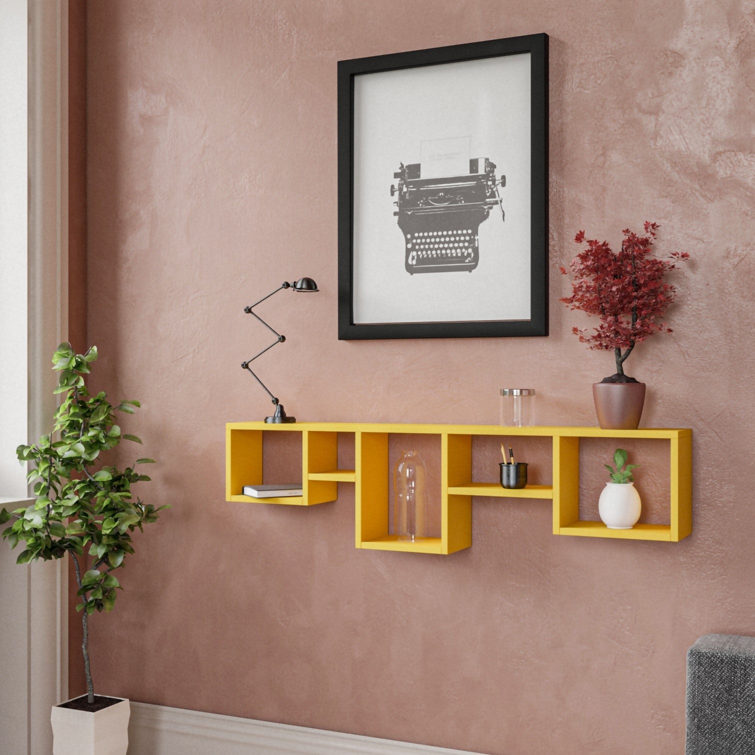 Prateleira de parede amarela elegante, 120 x 32 x 17 cm | Painel de partículas 100% revestido de melamina, 18 mm de espessura | Solução de armazenamento versátil para espaços modernos
