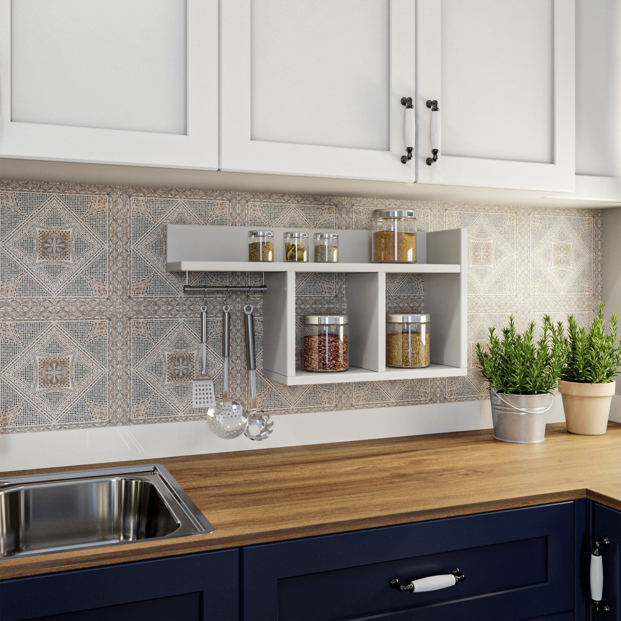 Prateleira de parede escandinava, branca, 72 x 37 x 18 cm | Painel de partículas 100% revestido em melamina, 18 mm de espessura | Design multiuso com ganchos e prateleiras