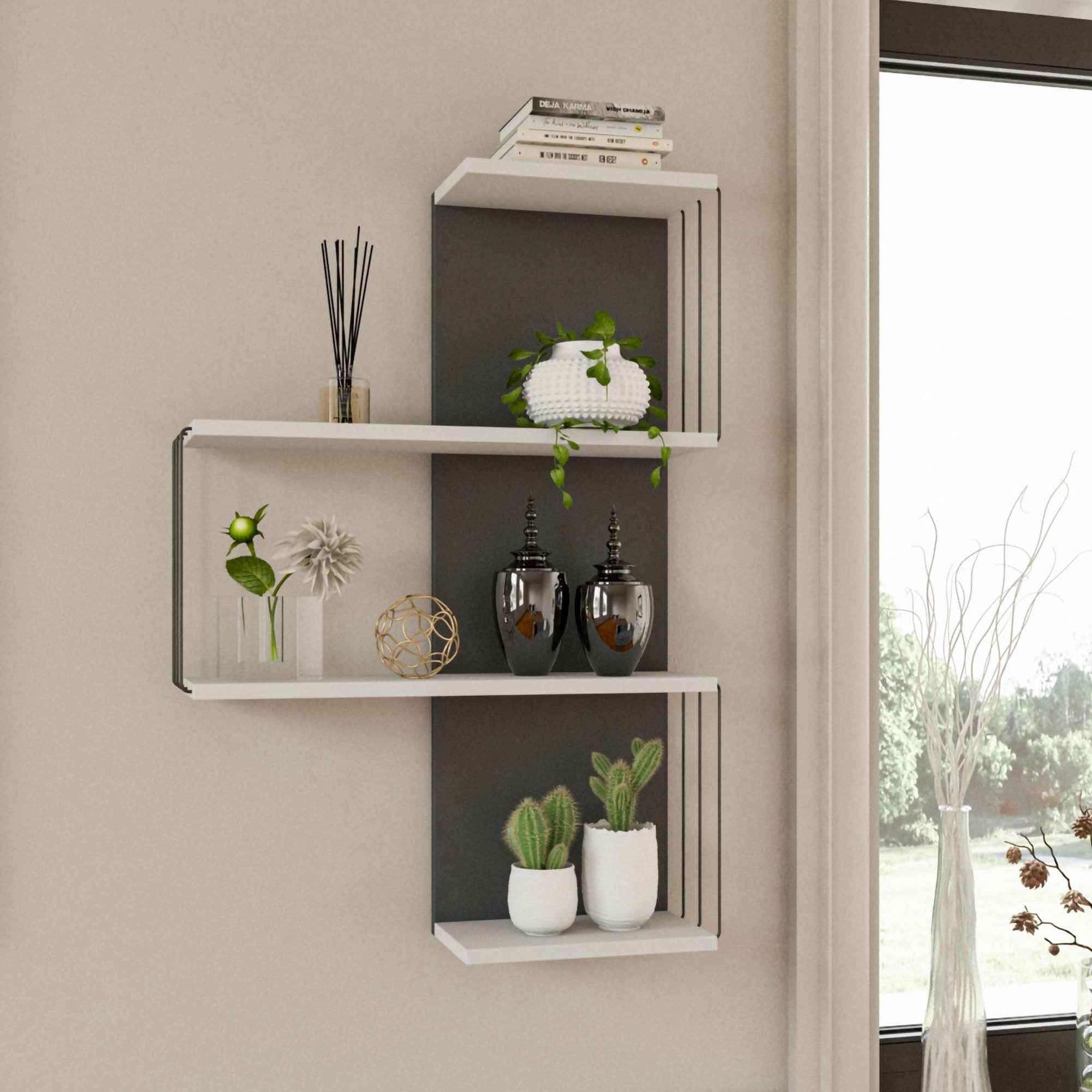 Prateleira de parede moderna, branca e antracite, 64 x 96 x 19 cm | Painel de partículas 100% revestido de melamina, 18 mm de espessura | Solução de armazenamento elegante e funcional