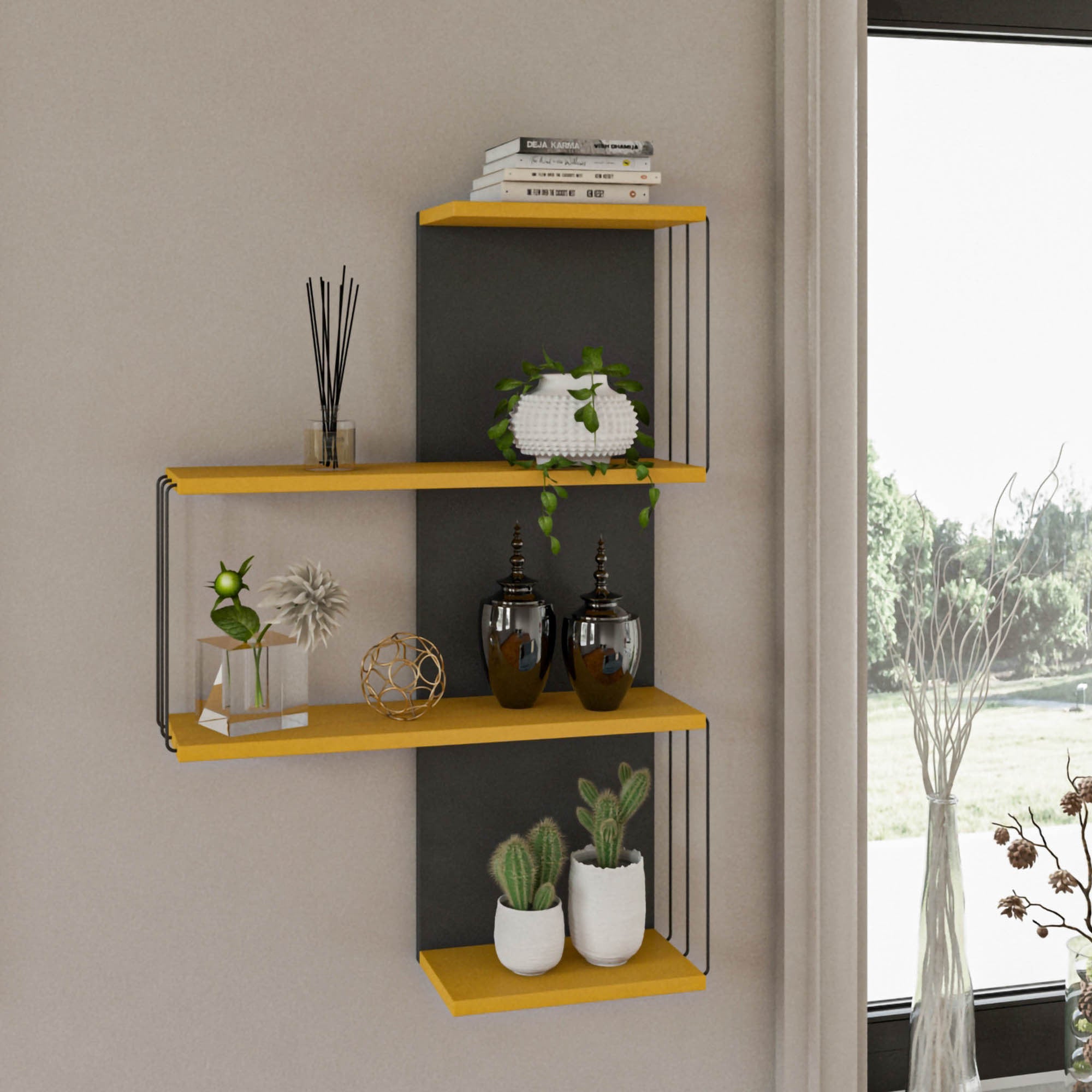 Prateleira de parede moderna, amarela e antracite, 64 x 96 x 19 cm | Painel de partículas 100% revestido de melamina, 18 mm de espessura | Solução de armazenamento elegante e funcional para qualquer espaço