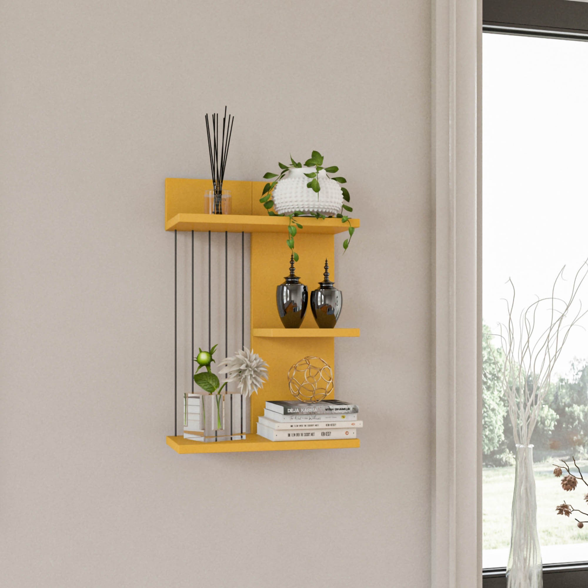 Prateleira de parede amarela moderna, 40 x 60 x 19 cm | Painel de partículas 100% revestido de melamina, 18 mm de espessura | Solução de armazenamento elegante e funcional para qualquer ambiente