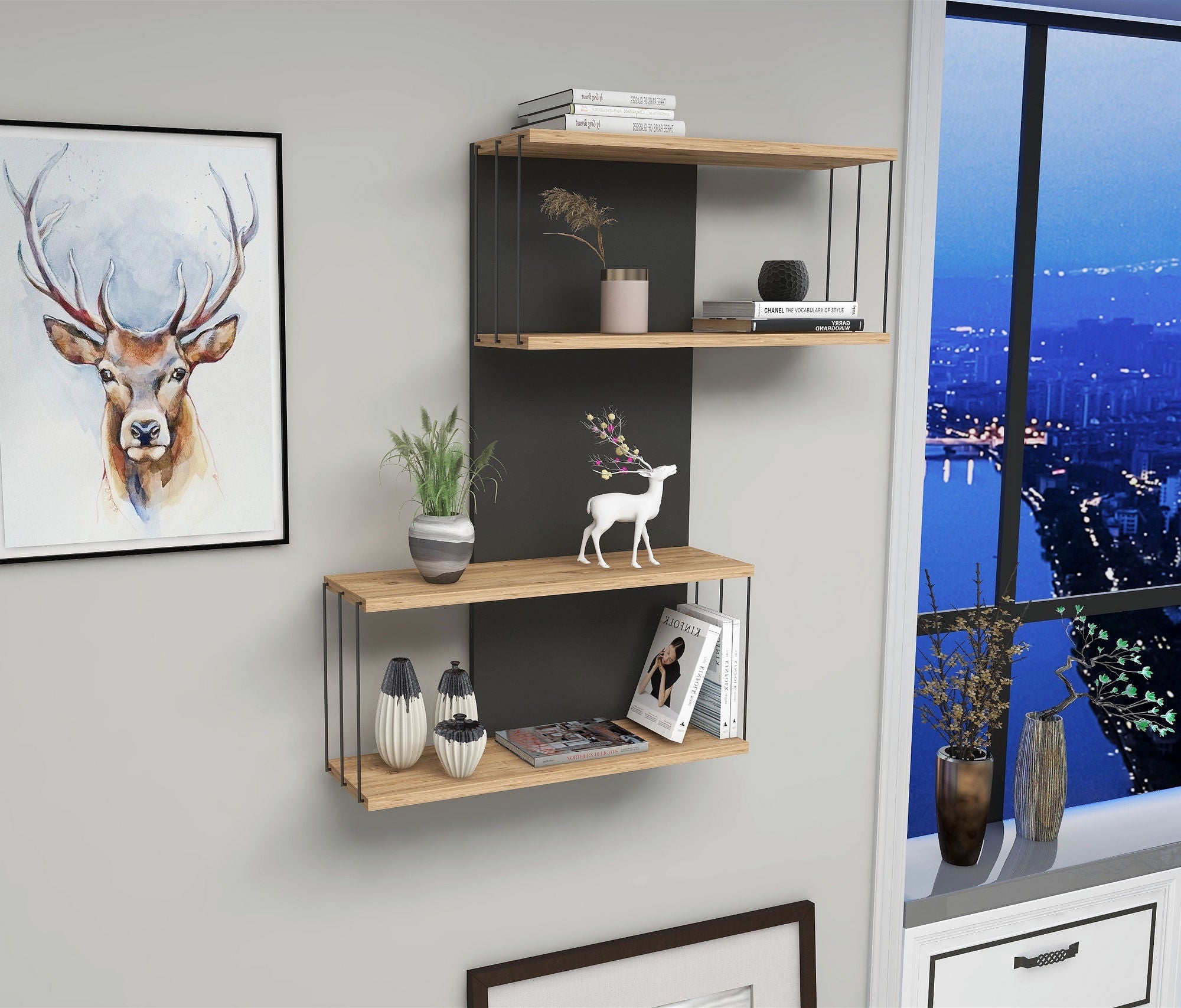 Prateleira de parede moderna, antracite e carvalho, 65 x 96 x 19 cm | Painel de partículas 100% revestido de melamina, 18 mm de espessura | Solução de armazenamento elegante e funcional para casa e escritório