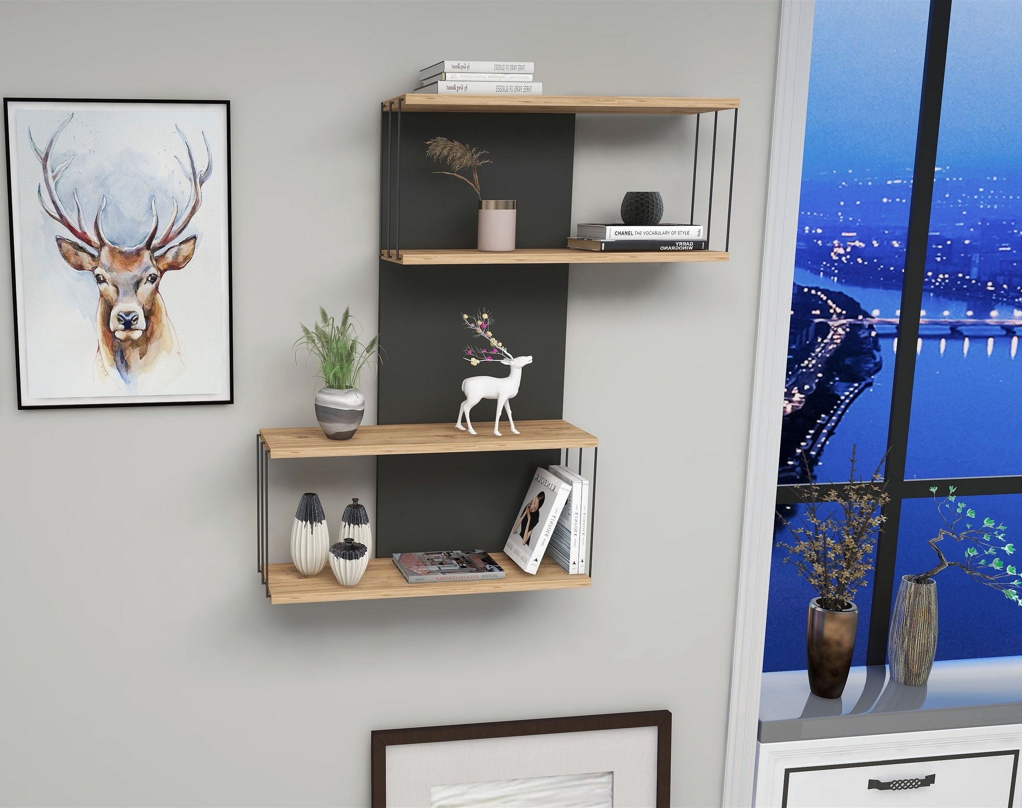 Prateleira de parede moderna, antracite e carvalho, 65 x 96 x 19 cm | Painel de partículas 100% revestido de melamina, 18 mm de espessura | Solução de armazenamento elegante e funcional para casa e escritório