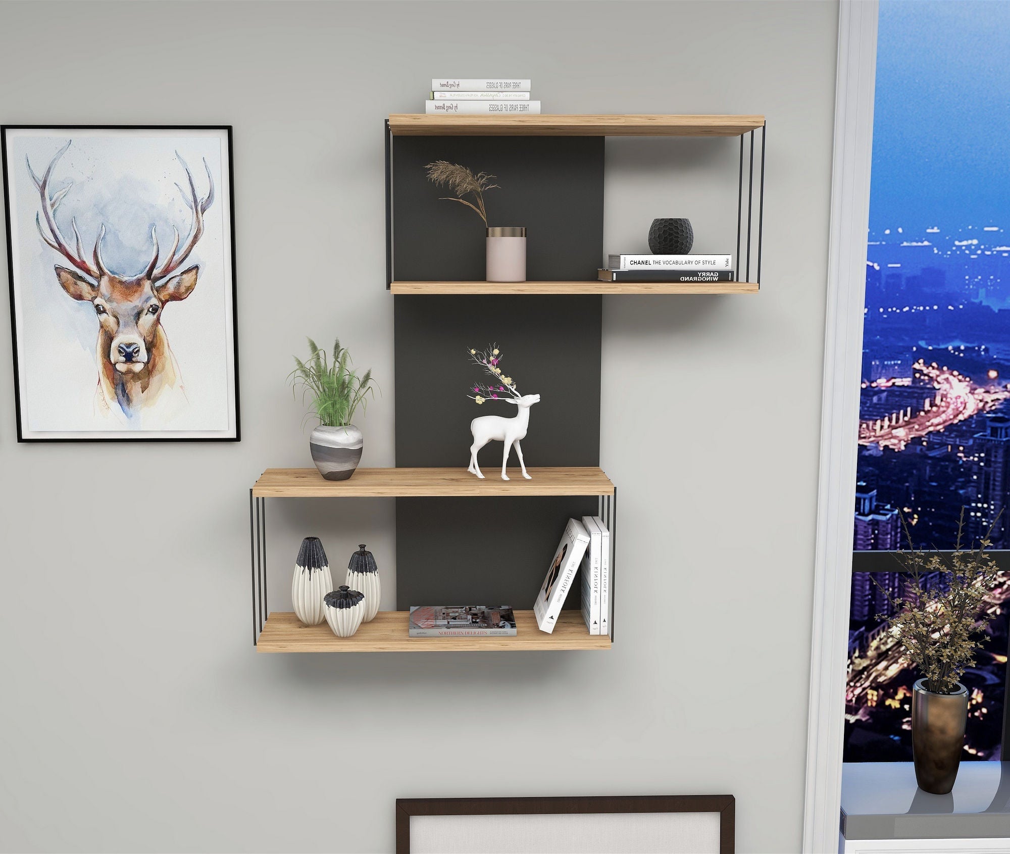 Prateleira de parede moderna, antracite e carvalho, 65 x 96 x 19 cm | Painel de partículas 100% revestido de melamina, 18 mm de espessura | Solução de armazenamento elegante e funcional para casa e escritório