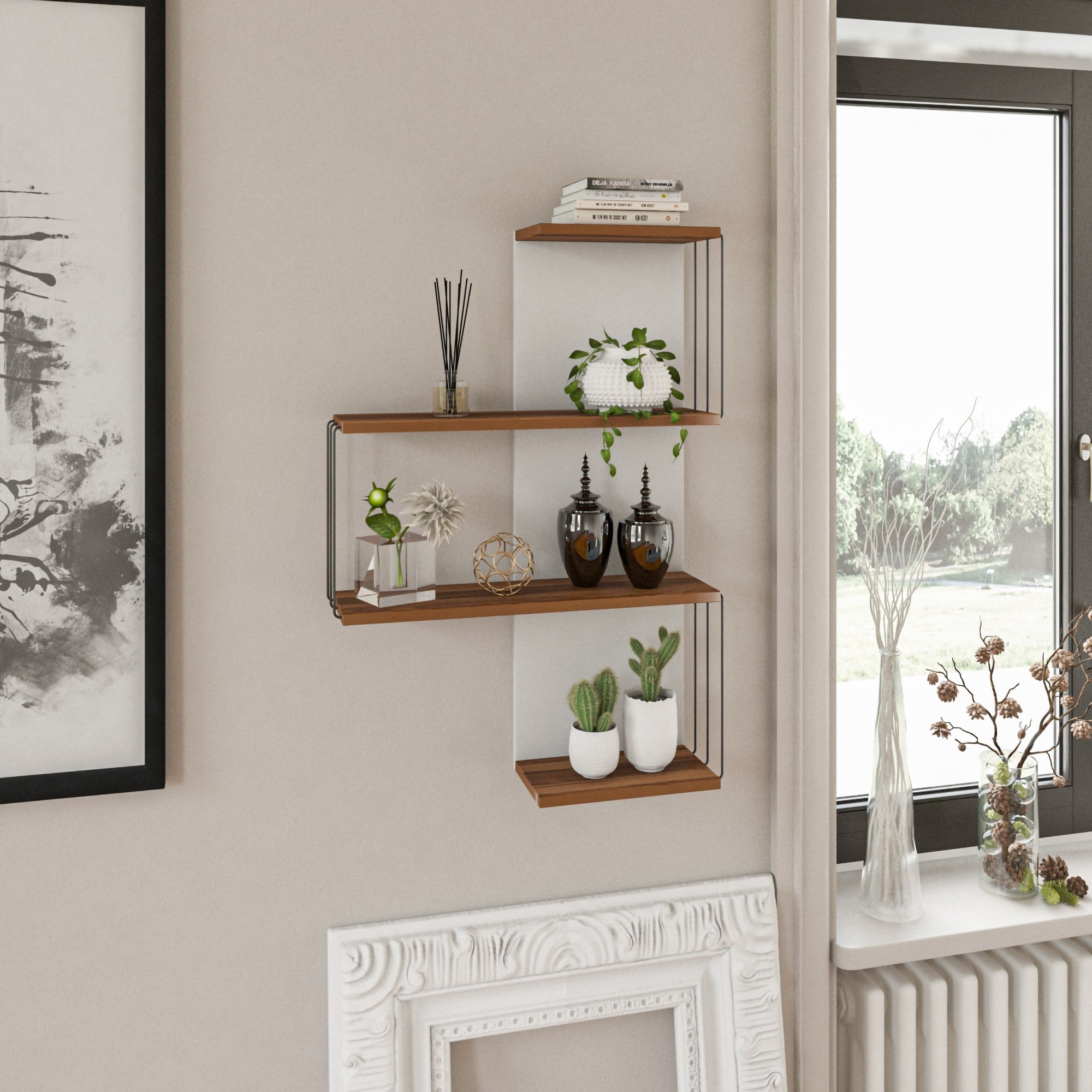 Prateleira de parede elegante, acabamento em nogueira, 64 x 96 x 19 cm | Painel de partículas 100% revestido em melamina, 18 mm de espessura | Várias prateleiras, montável na parede, design moderno
