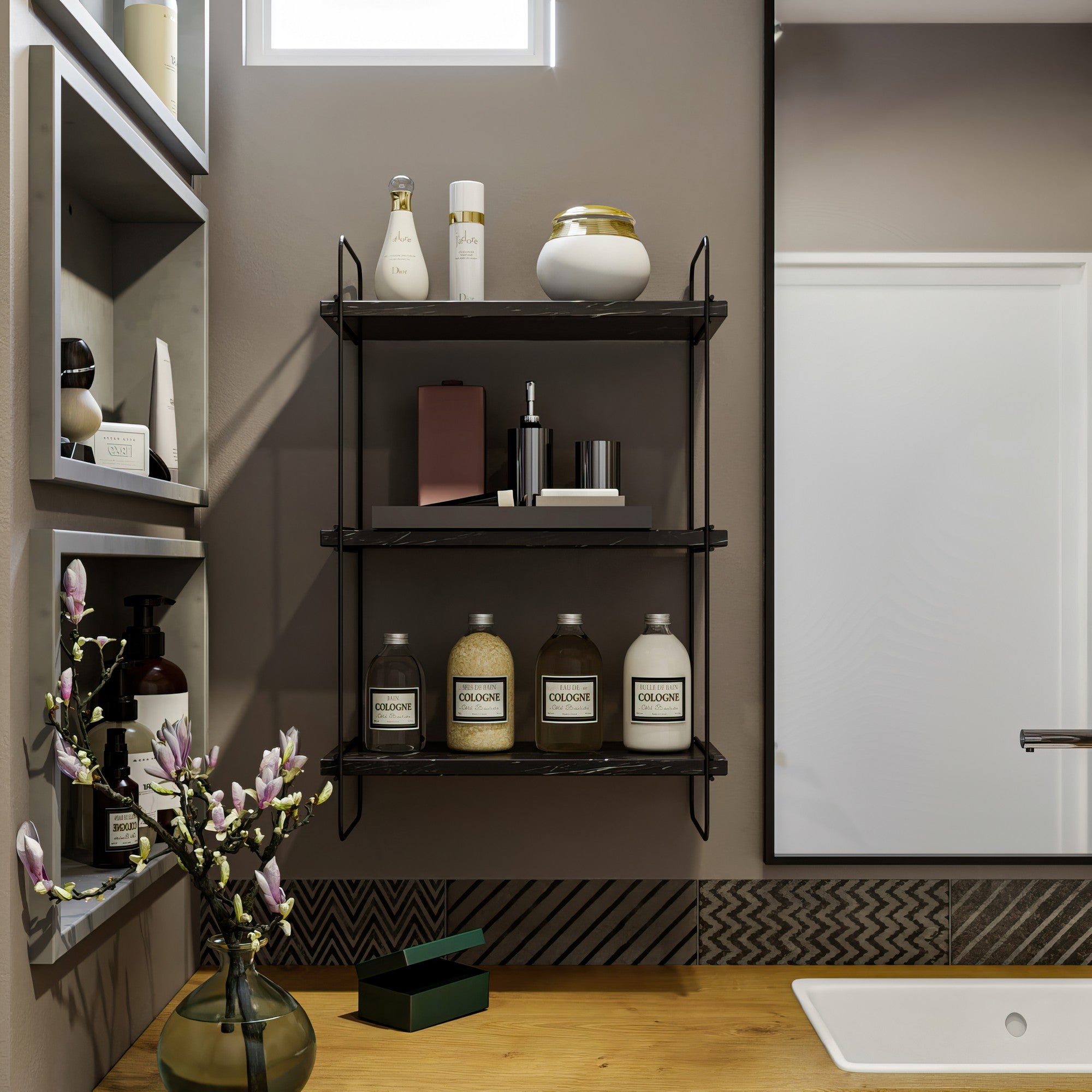 Prateleira de parede elegante, preta e mármore, 40 x 66 x 20 cm | Painel de partículas 100% revestido de melamina, 18 mm de espessura, estrutura de metal | Solução de armazenamento versátil para casa e escritório