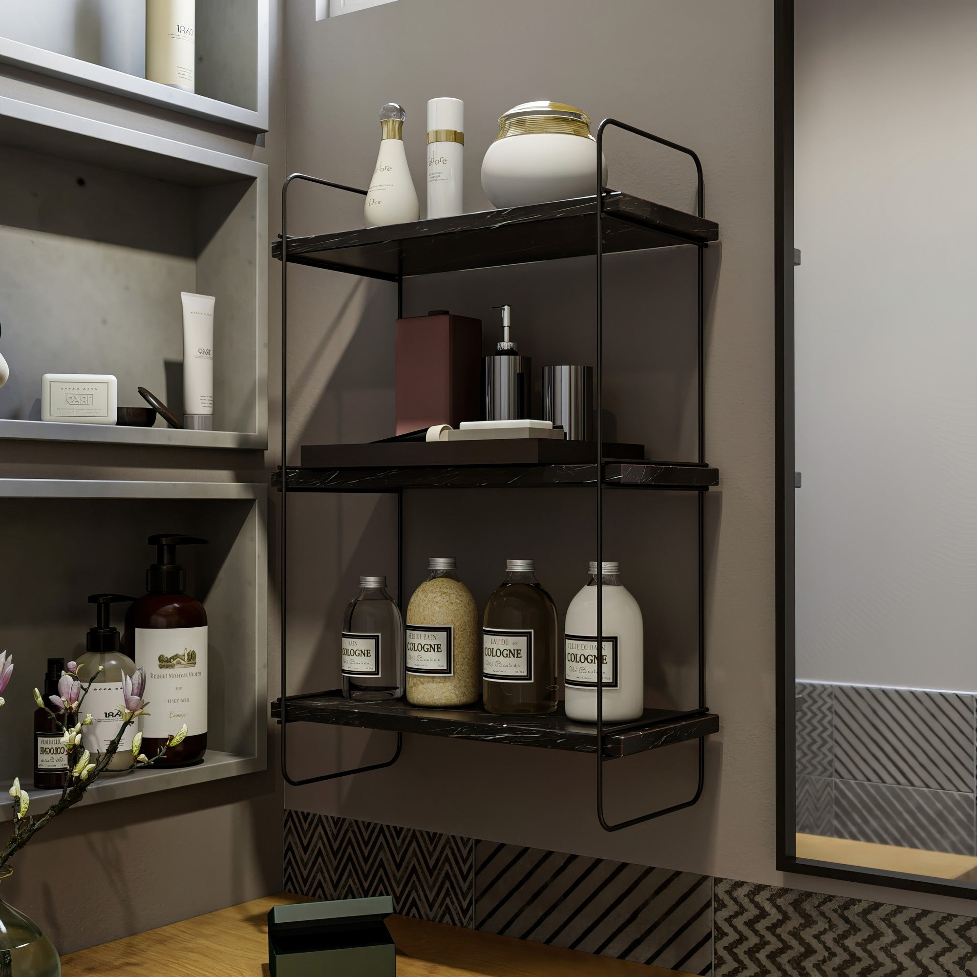 Prateleira de parede elegante, preta e mármore, 40 x 66 x 20 cm | Painel de partículas 100% revestido de melamina, 18 mm de espessura, estrutura de metal | Solução de armazenamento versátil para casa e escritório