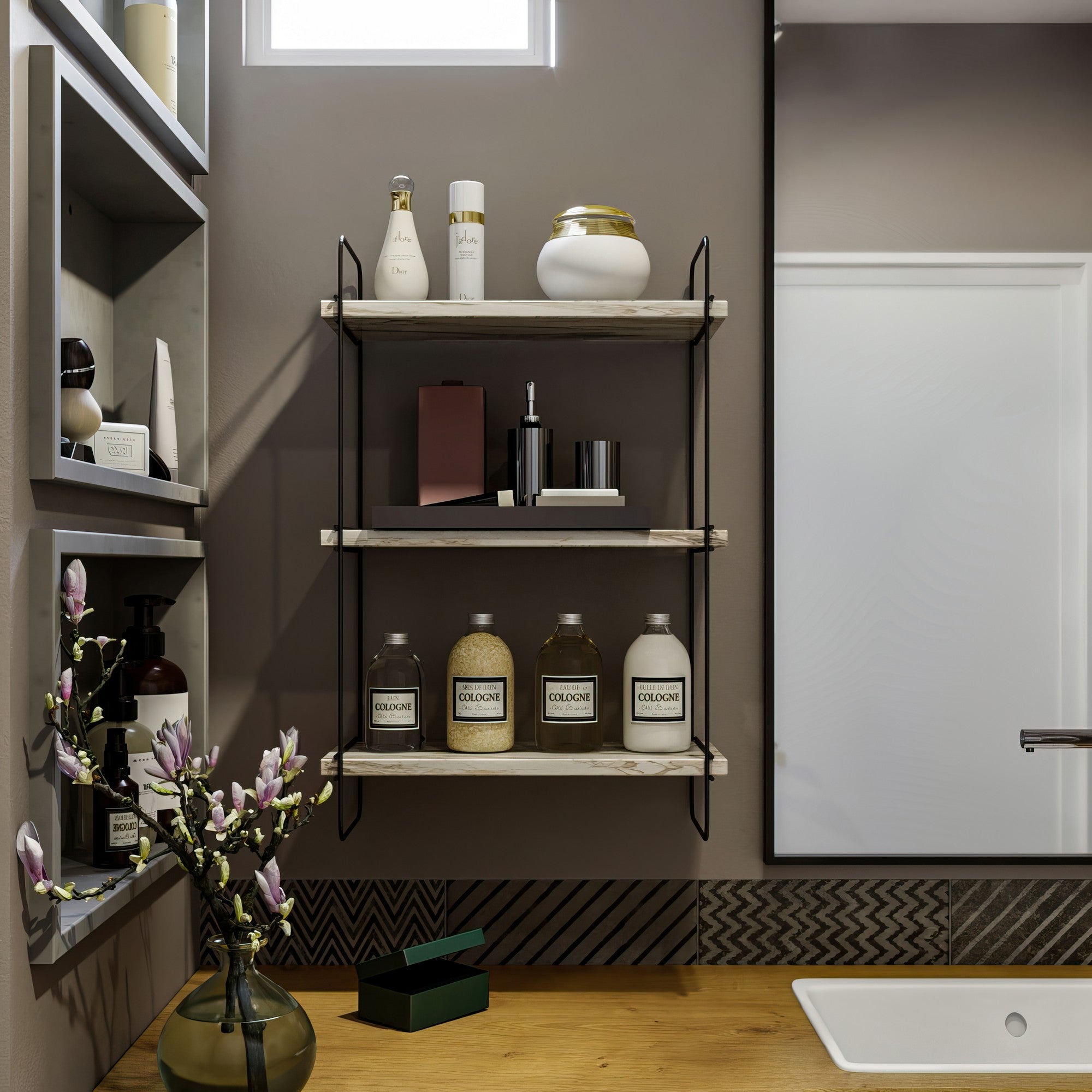 Prateleira de parede elegante, branca e mármore, 40 x 66 x 20 cm | Painel de partículas 100% revestido de melamina, 18 mm de espessura, estrutura de metal | Solução de armazenamento versátil para casa e escritório