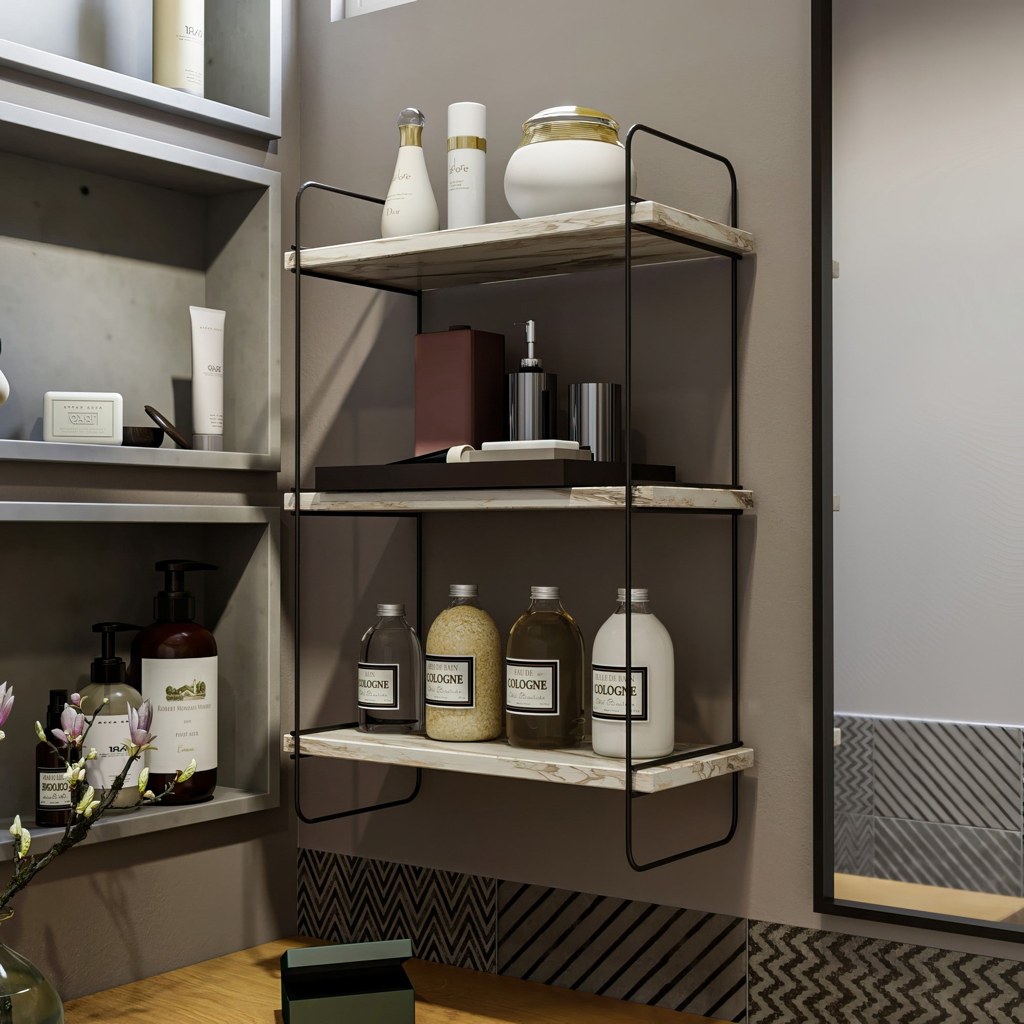 Prateleira de parede elegante, branca e mármore, 40 x 66 x 20 cm | Painel de partículas 100% revestido de melamina, 18 mm de espessura, estrutura de metal | Solução de armazenamento versátil para casa e escritório
