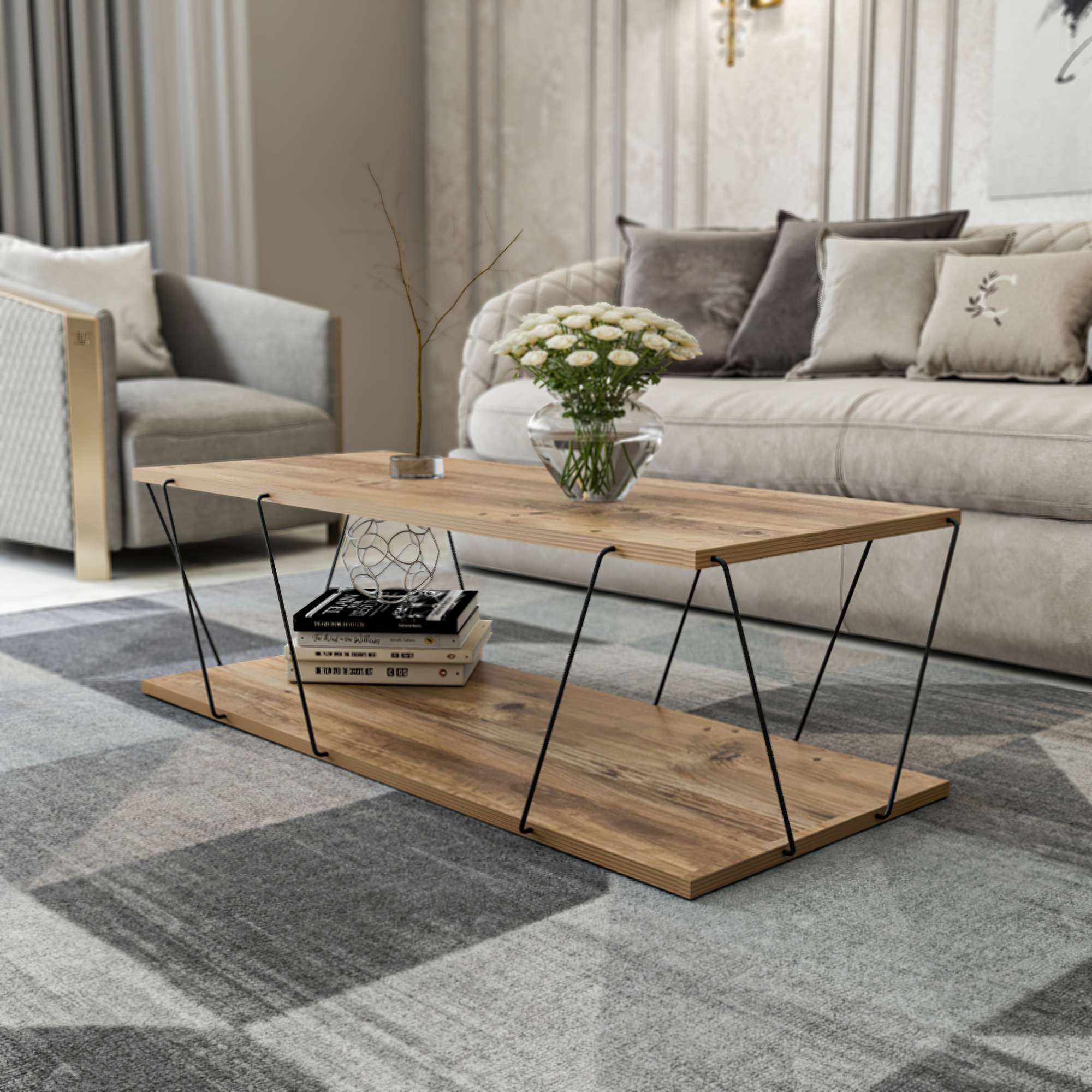 Mesa de Centro Industrial, Cor Pinho, 120 x 50 x 30 cm | Painel de Partículas 100% Revestido em Melamina, 18 mm de Espessura, Estrutura de Metal Resistente | Design Elegante e Funcional