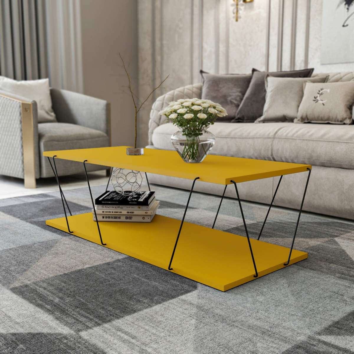 Mesa de Centro Amarela Elegante, 120 x 50 x 30 cm | Painel de Partículas 100% Revestido em Melamina, 18 mm de Espessura, Estrutura de Metal Resistente | Perfeita para Espaços Modernos